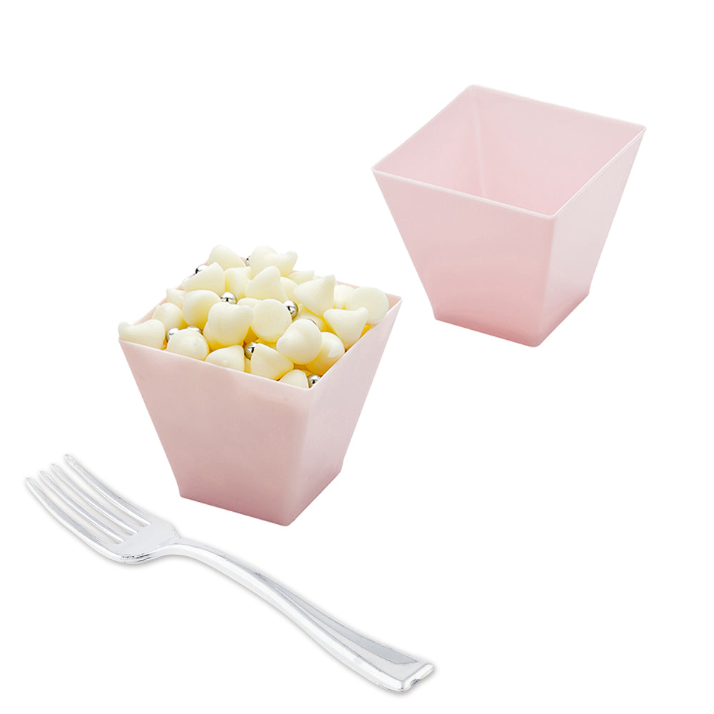 100 Pack 2 oz Square Pink Plastic Mini Kova Cups & 100 Silver Plastic Mini Forks Set - Perfect for Baby Showers, Birthday Parties, and Wedding Desserts