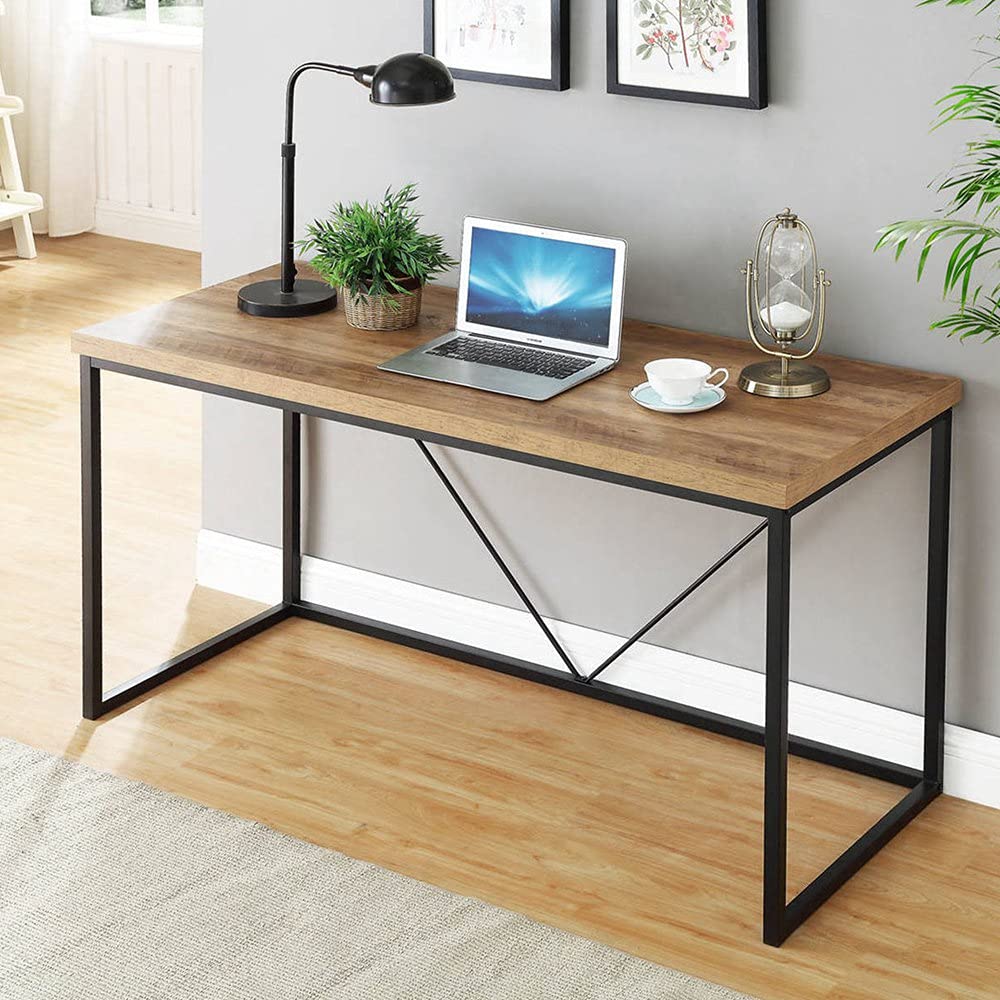 Rustic Industrial Computer Desk - 55 Inch Wood and Metal Writing Desk for Home Office, Vintage PC Table with Oak Finish | Perfect for Small Spaces, Gaming & Remote Work