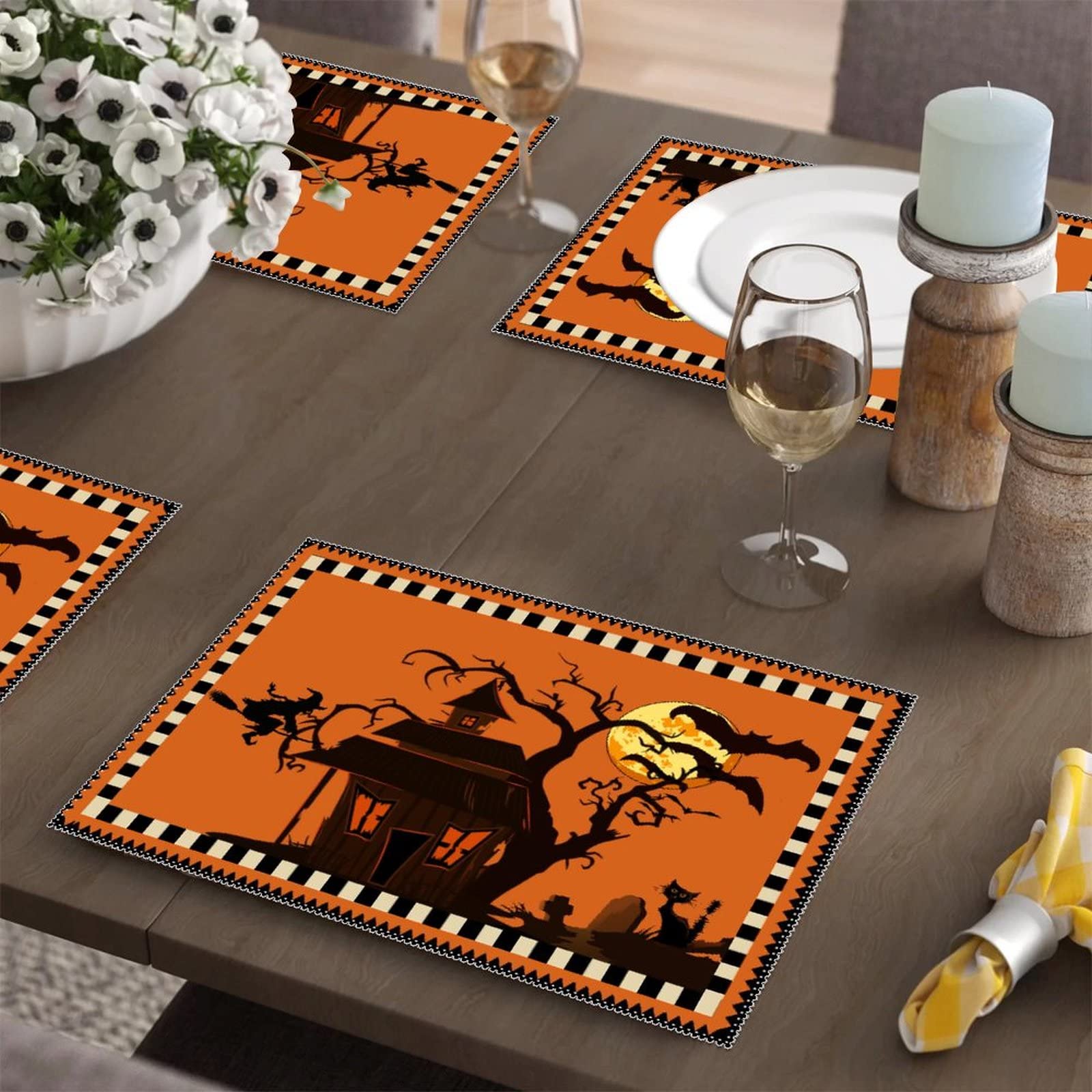 Happy Halloween Placemats Set of 4 - Wicked Pumpkin & Spider Design, Heat Resistant, Washable, Non-Slip Table Mats for Kitchen Dining - Perfect for Holiday Banquets, Fall Decor & Spooky Dinner Parties