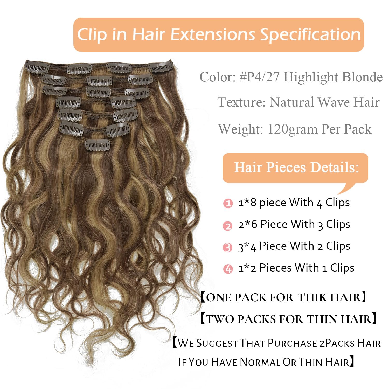 14 Inch Curly Clip-in Hair Extensions - Highlight Honey Blonde with Dark Brown | 120g Thick Human Hair | Natural Wavy Clip-ins for Volume & Length | Perfect for Parties, Weddings & Daily Styling (Color #P4/27)