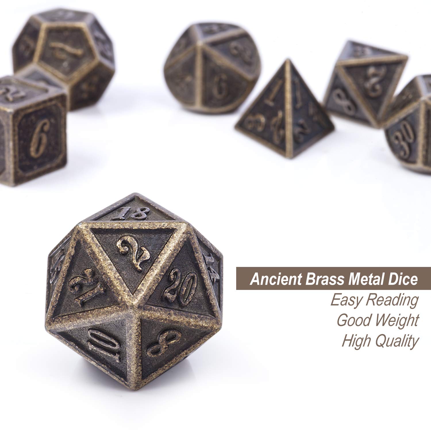 7PCS Ancient Design Brass DND Metal Dice Set with Premium Metal Box - Perfect for Dungeons & Dragons, Tabletop RPG Games, and Collectors (Dungeon Master Accessories)