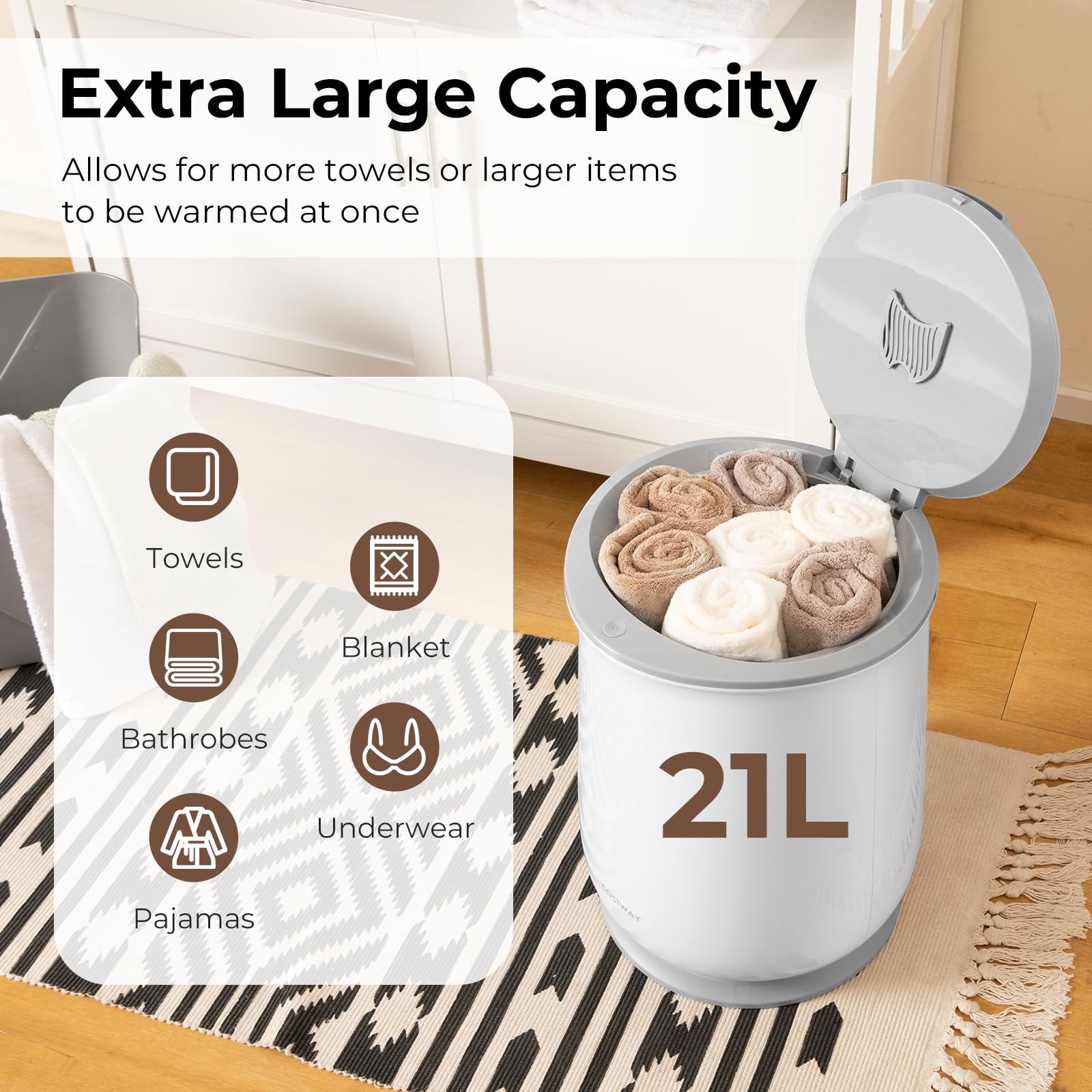 COSTWAY 21L Large Electric Towel Warmer & Blanket Heater with Flip-top Lid, Child Safety Lock & Auto Shut Off - Perfect for Bathrobes, Spa Towels & Home Bathroom Accessories (45