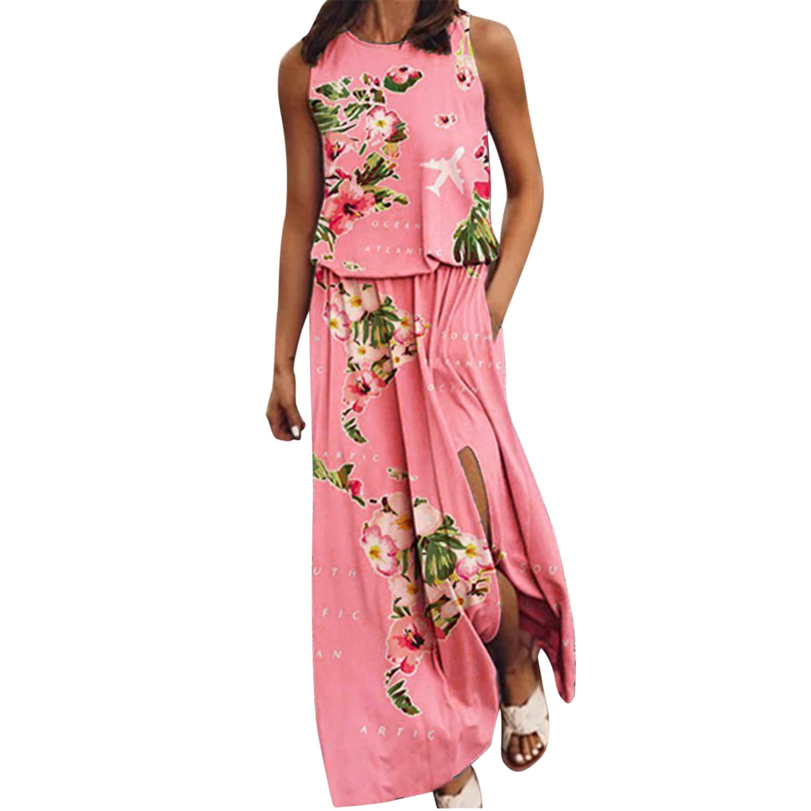 Women's Summer Maxi Dress - Sleeveless Boho Beach Sundress with Pockets, O-Neck Split Long Dress for Casual Wear, Spring & Summer Vacation, Pool Party, and Outdoor Activities