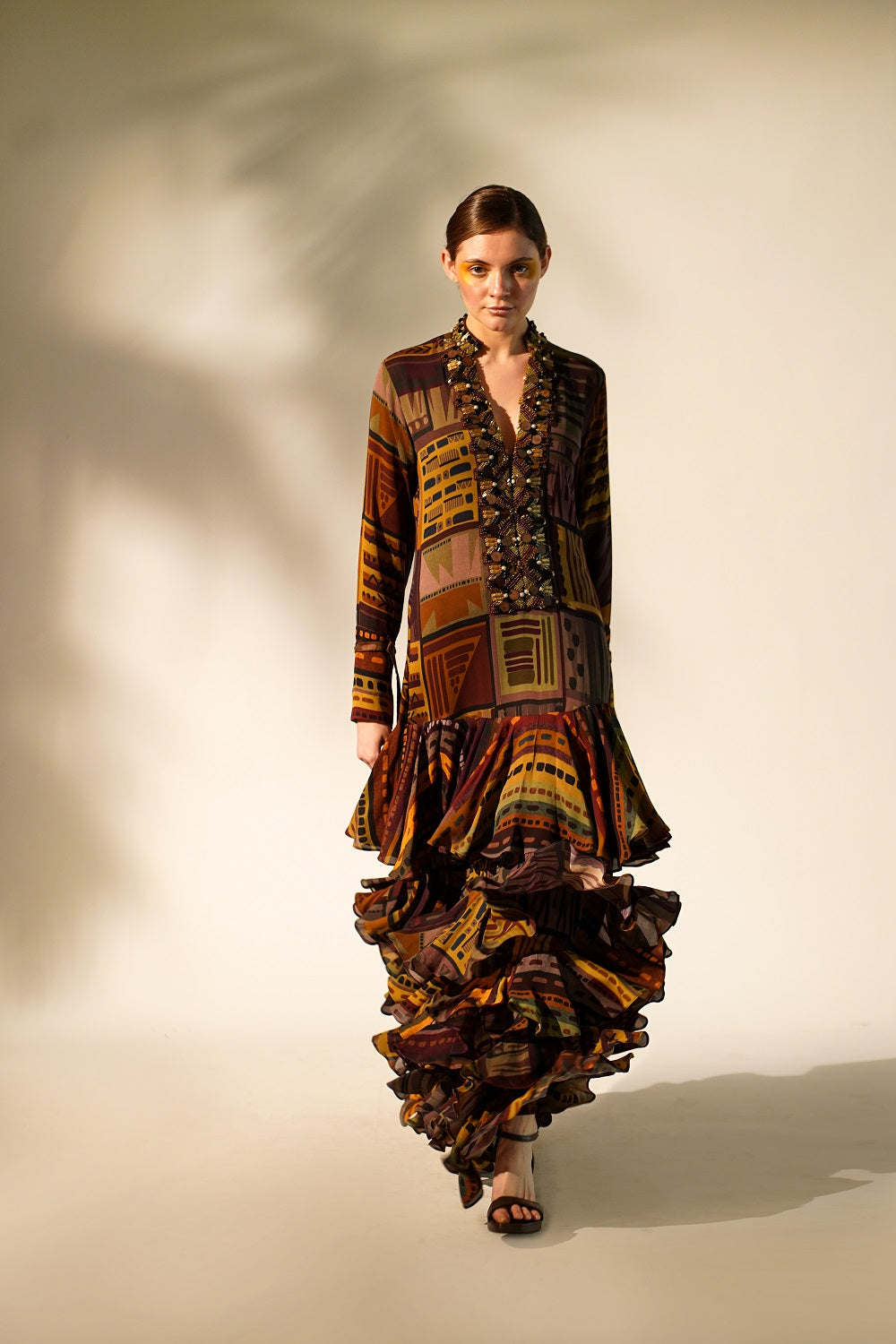 Elegant Multicolor Abstract Print Tiered Maxi Dress with Baroque Metallic Embellishments - Perfect for Weddings, Parties & Special Occasions