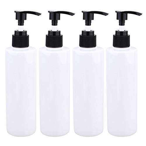 4-Pack 250ml Refillable Empty Pump Bottles - Portable Dispenser for Makeup, Skincare Lotion, Shampoo & Perfume - Multifunctional Cosmetic Containers with Black Pump Lid (White Bottles) - Perfect for Travel, Gym & Home Organization