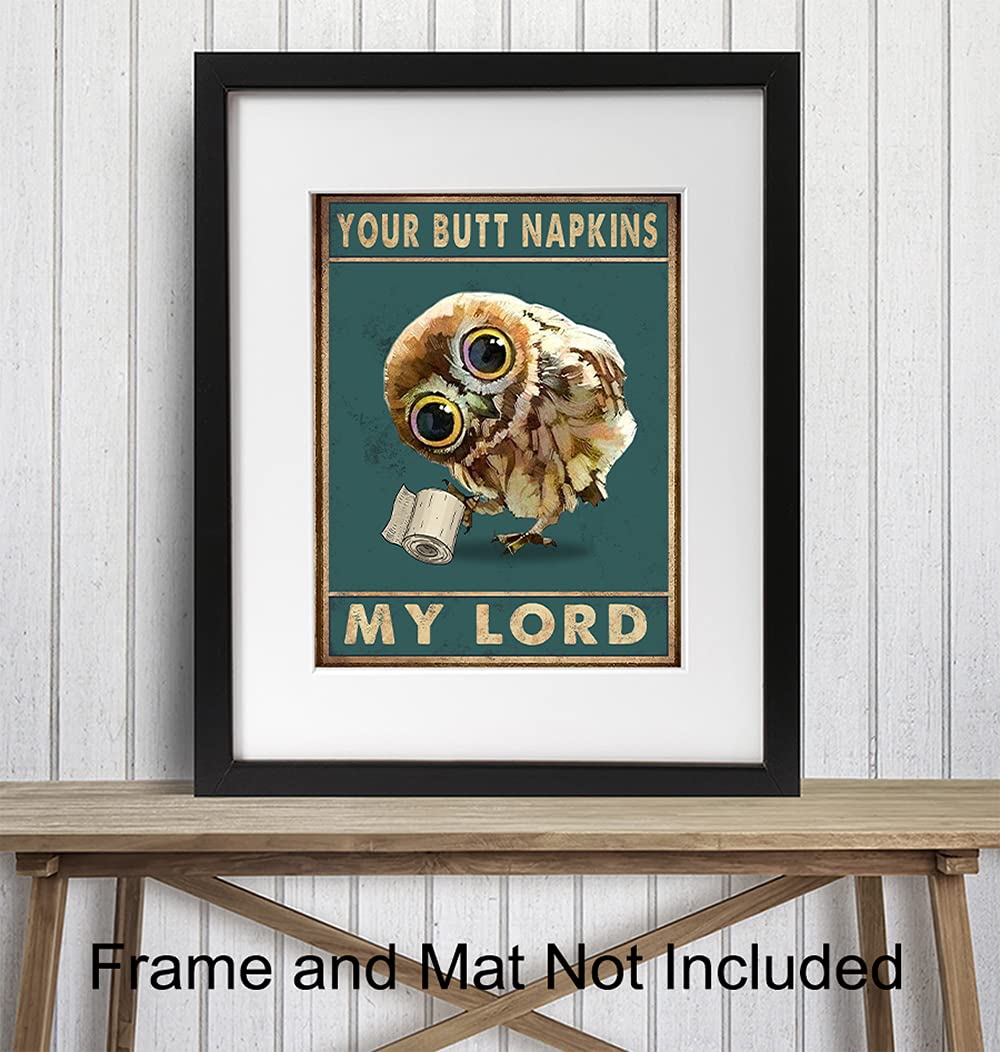 Funny Owl Wall Decor & Butt Napkins - Unique Bathroom Wall Art for Powder Room & Guest Bath - Cute Restroom Sign & Decor for Women - Perfect for Home, Office, or Gift