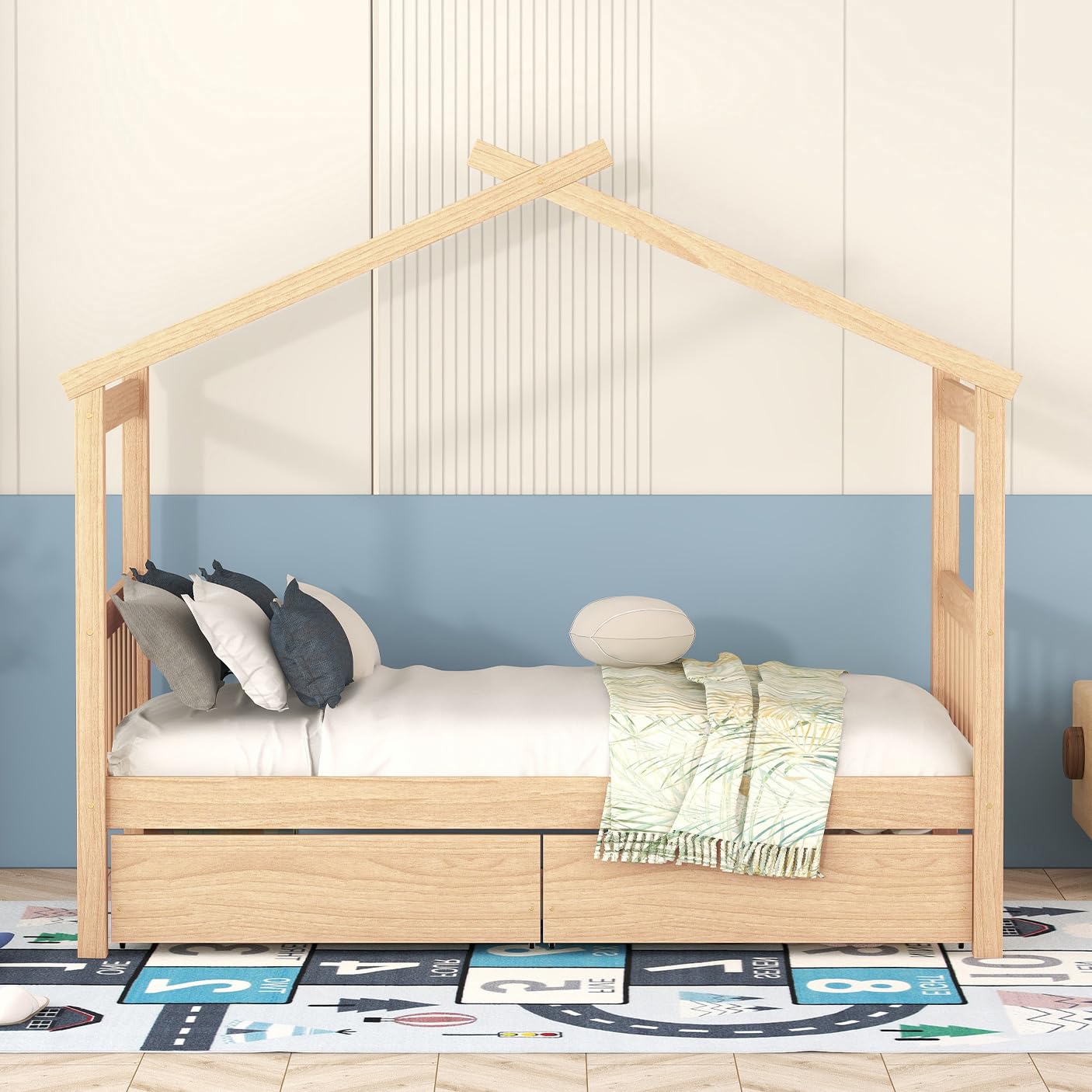 Harper & Bright Designs Twin Size Wooden House Bed for Kids with Storage Drawers - Natural Wood Roof Design Bed Frame for Boys & Girls - Perfect for Bedrooms, Playrooms & Kids' Rooms
