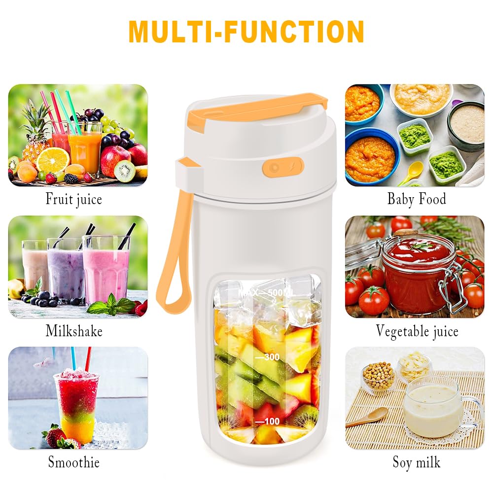 Portable Blender 500ml - USB Rechargeable Personal Blender for Smoothies, Shakes & Protein Drinks - 10 Blade High Speed Mixing - Travel, Office, Gym & Home Use - Includes Straw & Large Capacity Cup