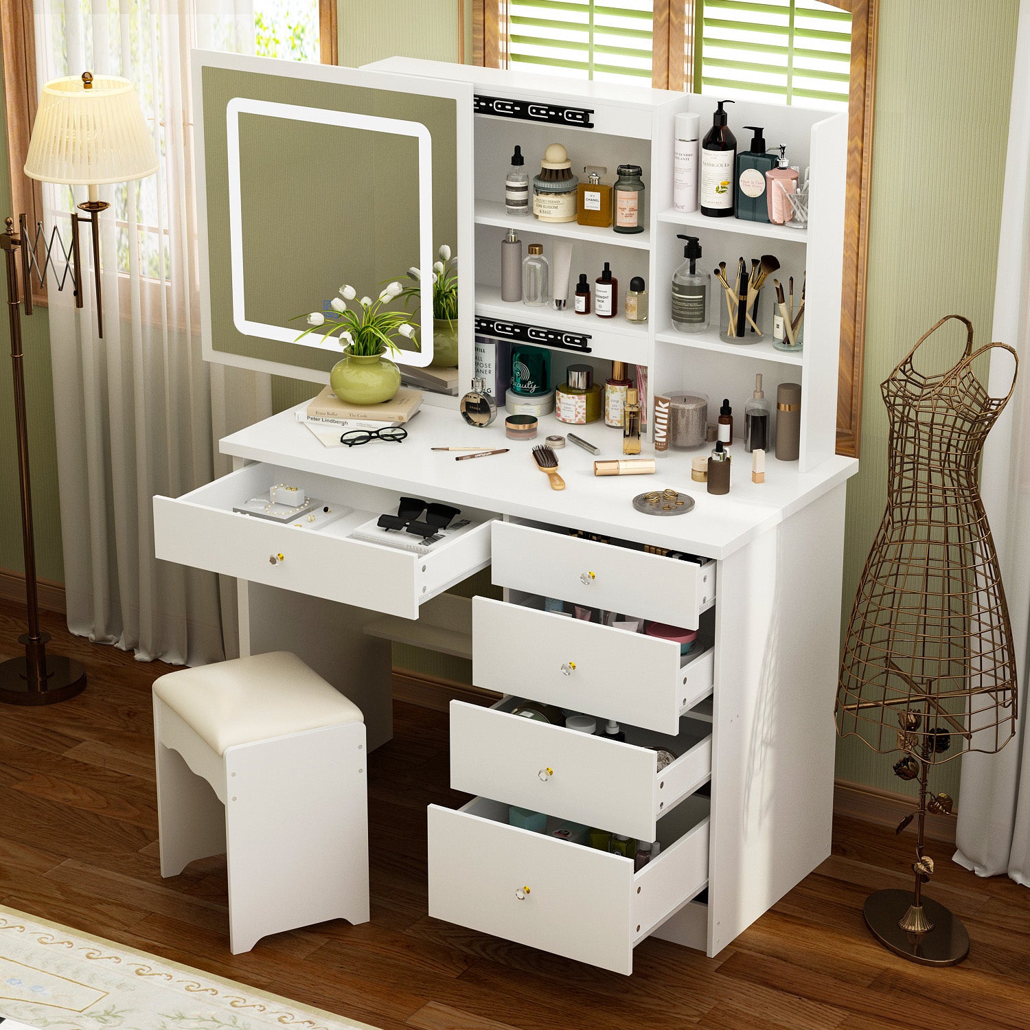 Professional Makeup Vanity Set with LED Sliding Mirror, Soft Cushioned Stool, 5 Storage Drawers & Shelves - Perfect for Beauty Room, Bedroom Dressing Table & Home Salon Setup