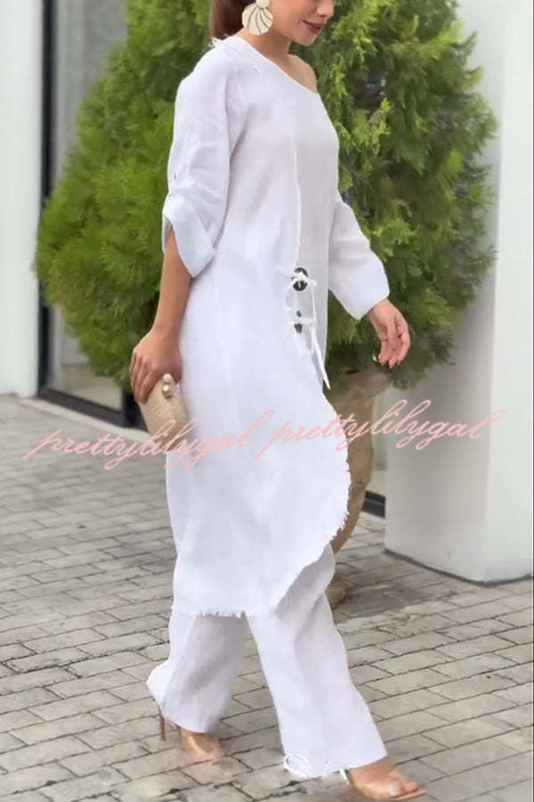 Tehla Linen Blend Ring Tie Up Detail Midi Blouse & Elastic Waist Pocketed Loose Pants Set - Women's Casual Outfit for Summer, Beach, and Office Wear