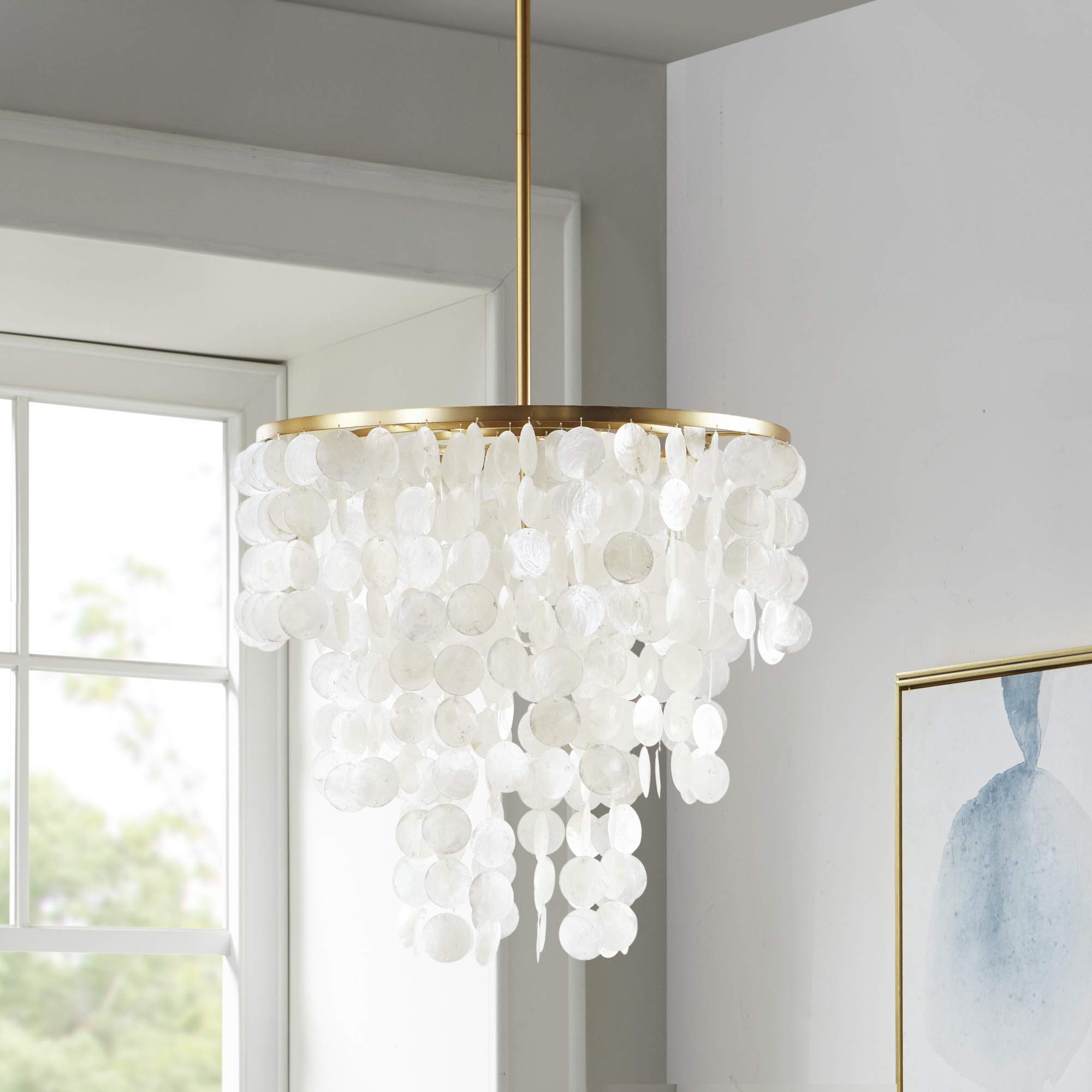 Urban Habitat Isla Capiz Chandelier - Modern Coastal Ceiling Light with White Shell Shade, Dimmable Hanging Fixture for Dining Room & Living Room Lighting | Perfect for Beach House Decor, Coastal Home Design and Boho Interior Style
