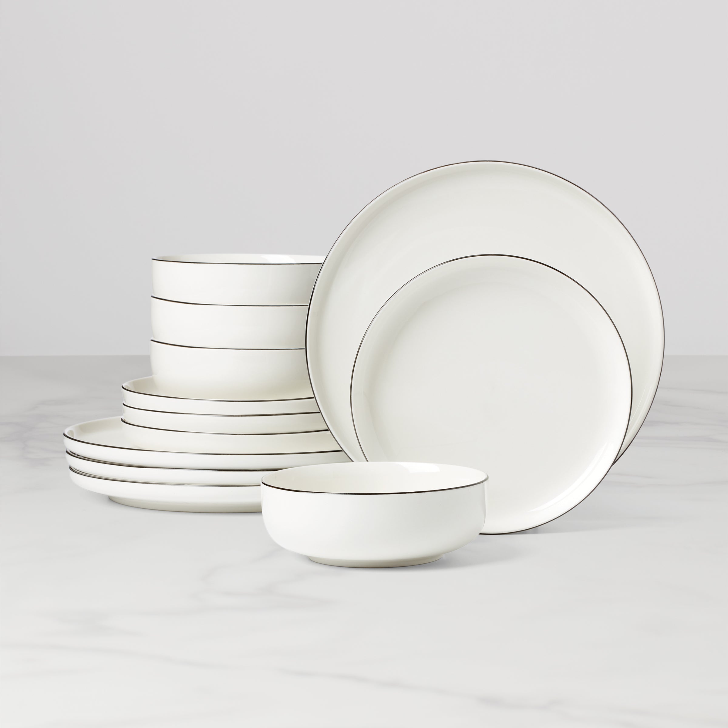 24 Seven 12-Piece Black Rim Dinnerware Set - Elegant Tableware for Everyday Dining, Dinner Parties & Special Occasions