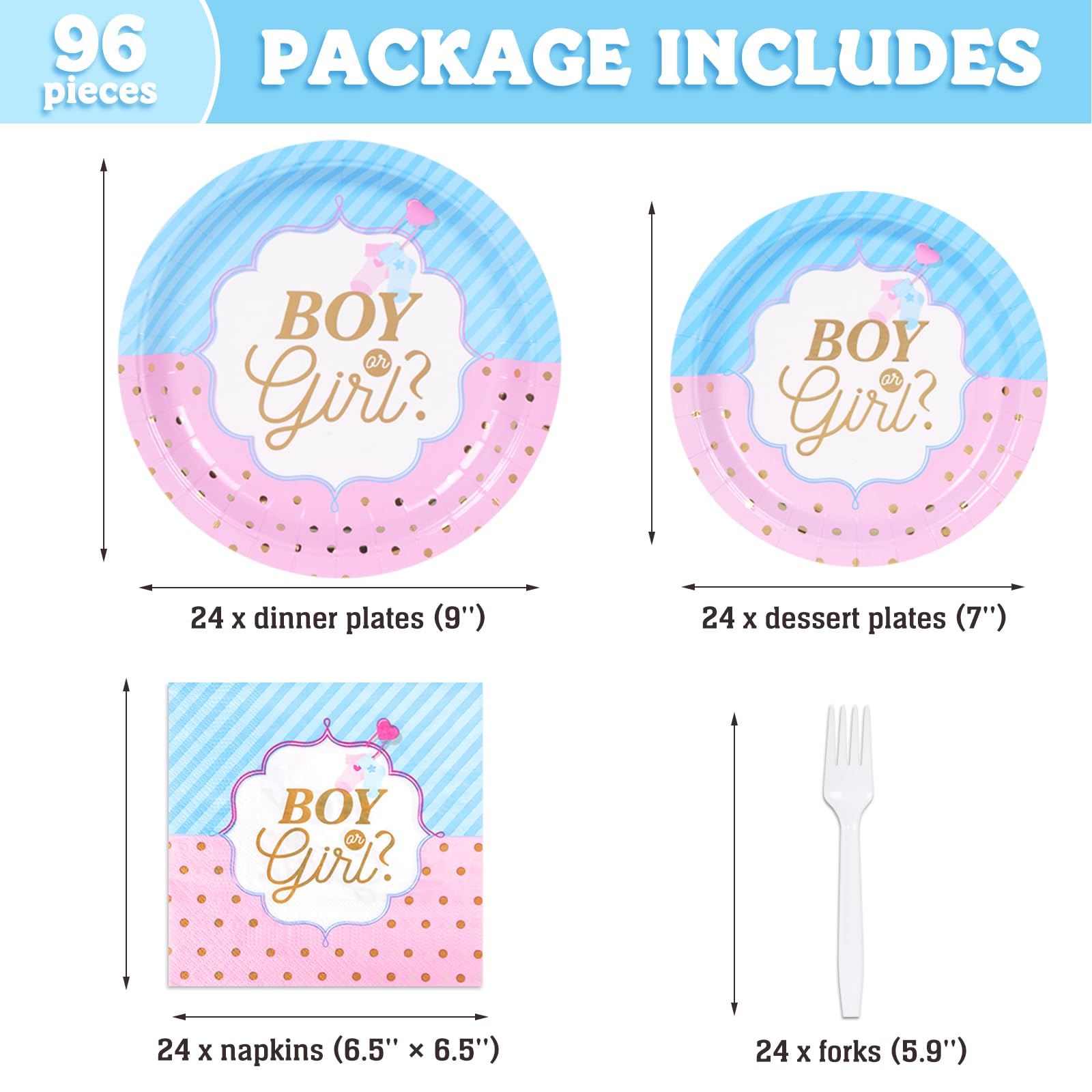 DECORLIFE Gender Reveal Party Plates Set for 24 Guests - Includes 96PCS of Plates, Napkins & Forks - Perfect for Baby Shower, Gender Reveal Celebrations & Special Occasions - Blue & Pink Theme Party Supplies