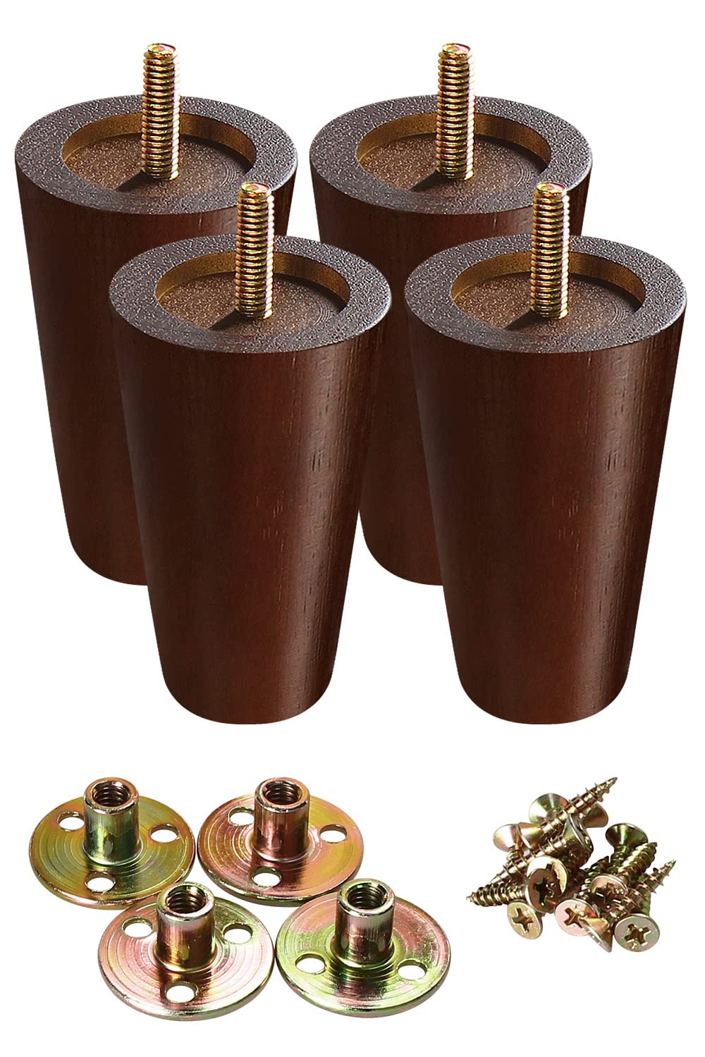4 Inch Round Brown Wooden Furniture Legs - Set of 4 Replacement Sofa Legs for Armchair, Cabinet, Dresser | Mid Century Modern Style | DIY Home Improvement Projects | Perfect for Living Room, Bedroom & Office Furniture Upgrade