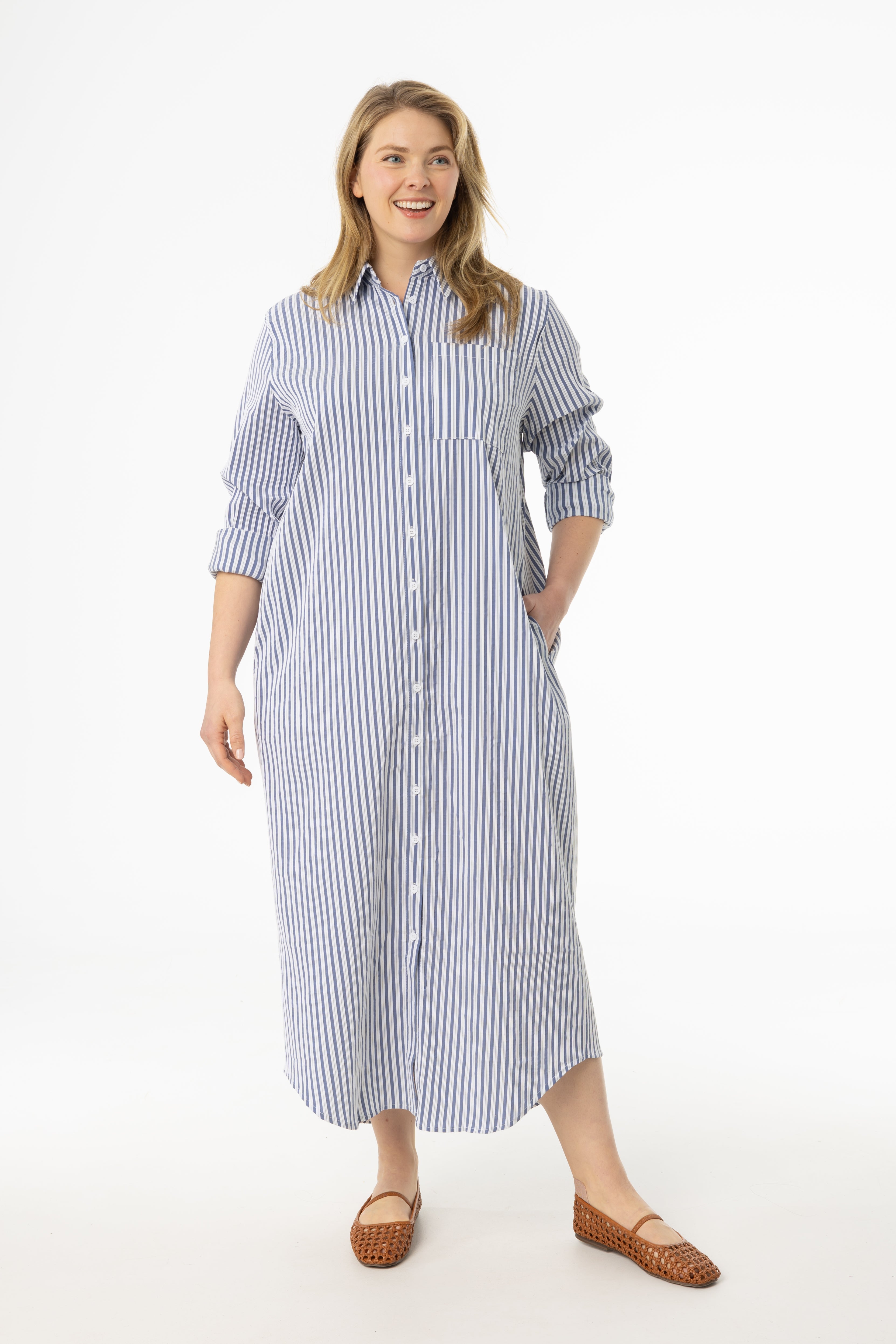 Blue Striped Stretch Maxi Shirt Dress for Women - Comfortable Long Sleeve Button Down Dress - Perfect for Office, Casual Outings & Summer Vacations