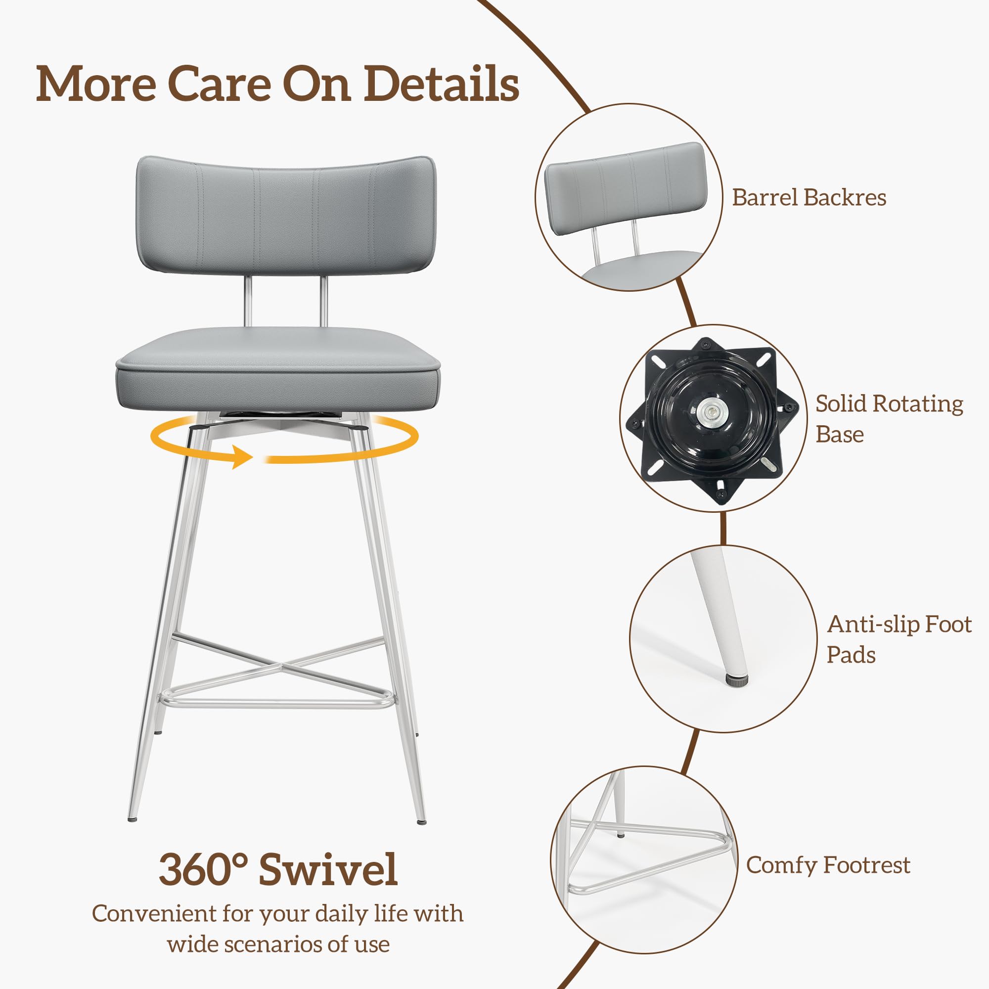 Swivel Counter Height Bar Stools Set of 4 - 26 Inch Gray Leather Kitchen Stools with Back Support, Sturdy Metal Legs & Footrest - Perfect for Kitchen Island, Breakfast Nook & Home Bar Seating