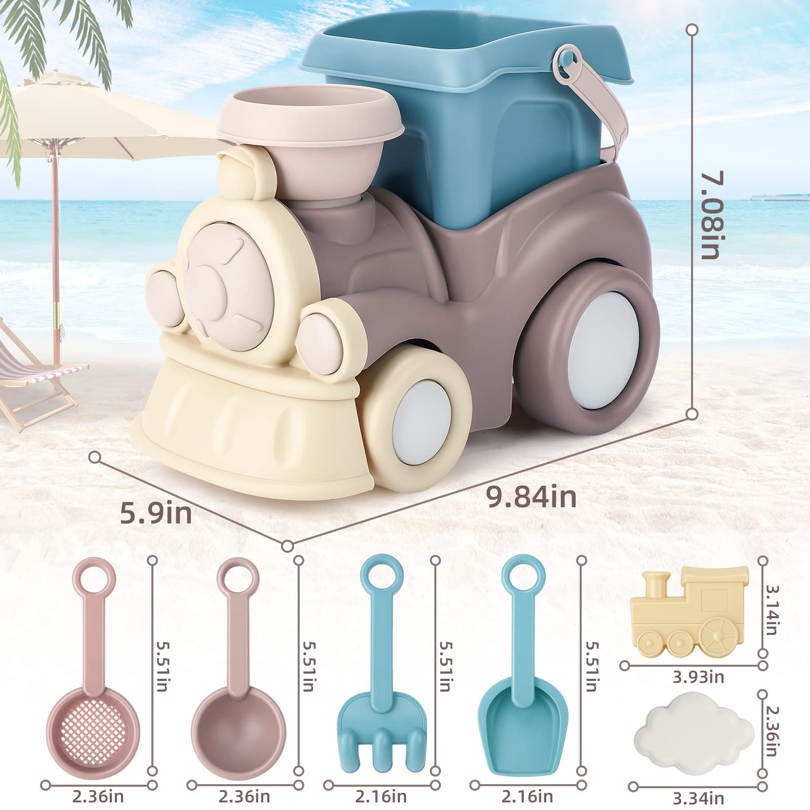 QLT Beach Toys for Toddlers & Kids - Sand Play Set with Train Truck, Bucket, Scoop, Trowel, Colander, Rake & Castle Molds - Durable Sandbox Toys in Gift Box - Perfect for Beach, Backyard & Outdoor Play