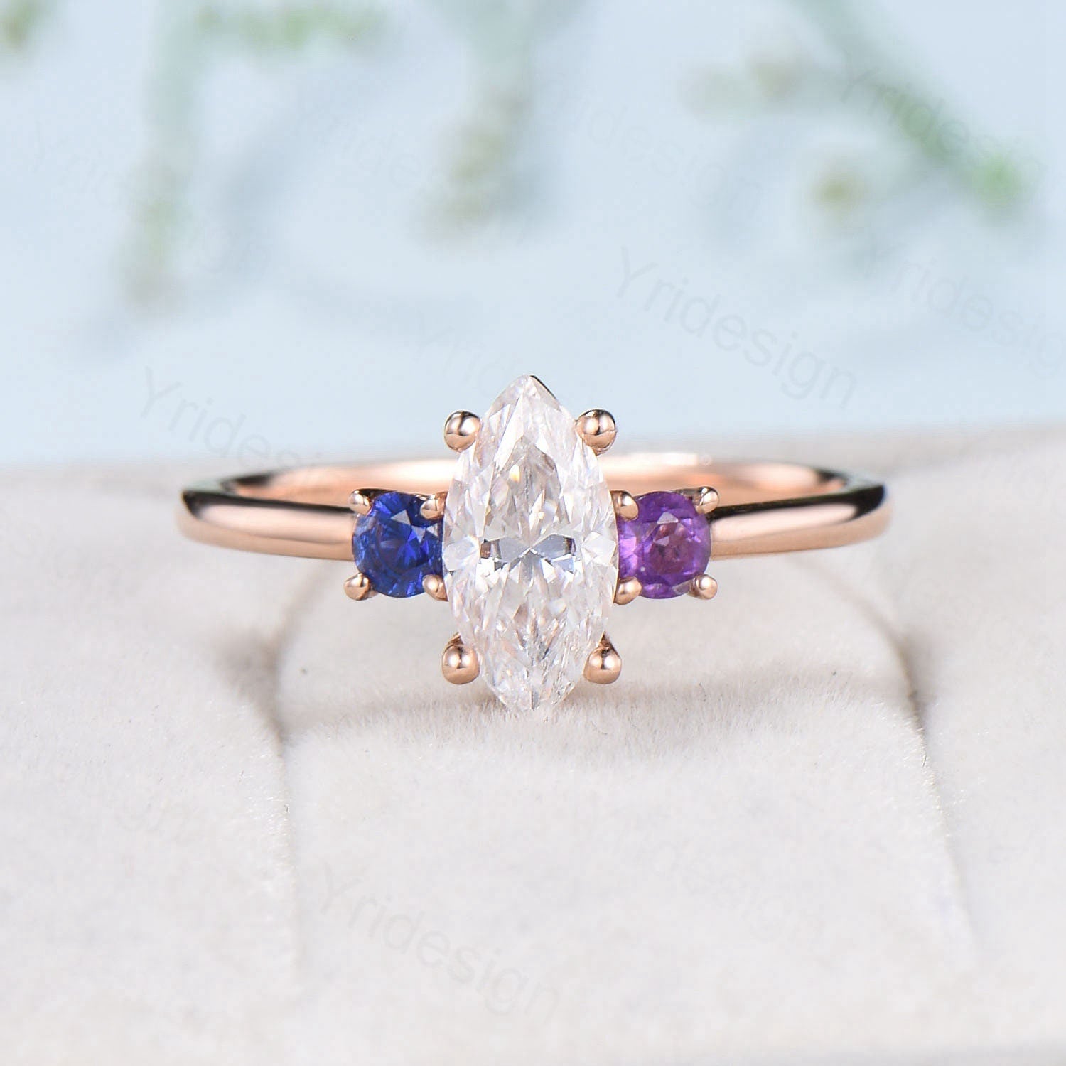 Elegant Marquise Cut Moissanite Engagement Ring in Rose Gold - Minimalist Three Stone Wedding Band with Sapphire & Amethyst Accents - Women's Promise Ring for Proposals, Anniversaries & Special Occasions