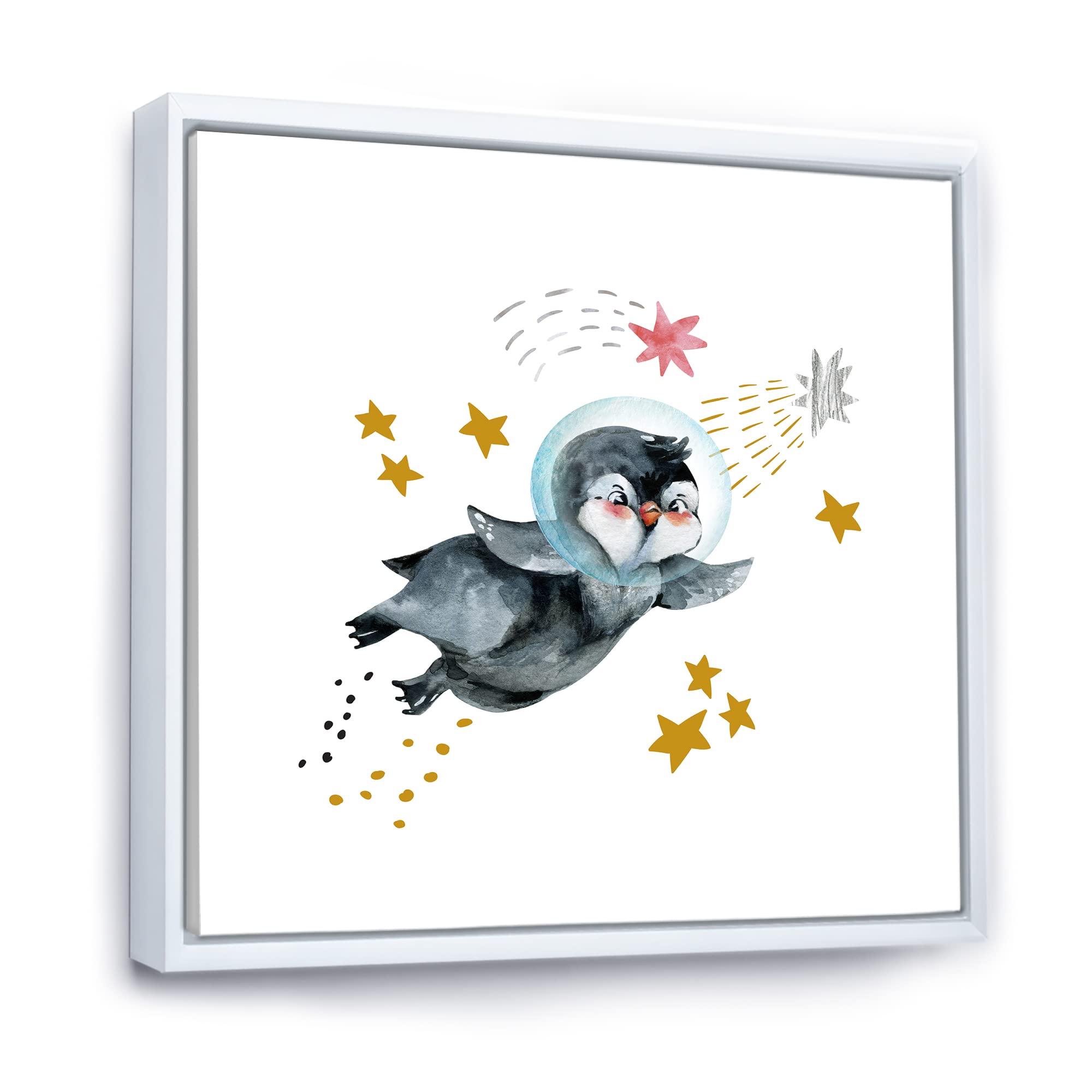 DesignQ Little Penguin Flying Stars and Planets I - Farmhouse Framed Canvas Wall Art Print for Living Room, Nursery & Bedroom Decor