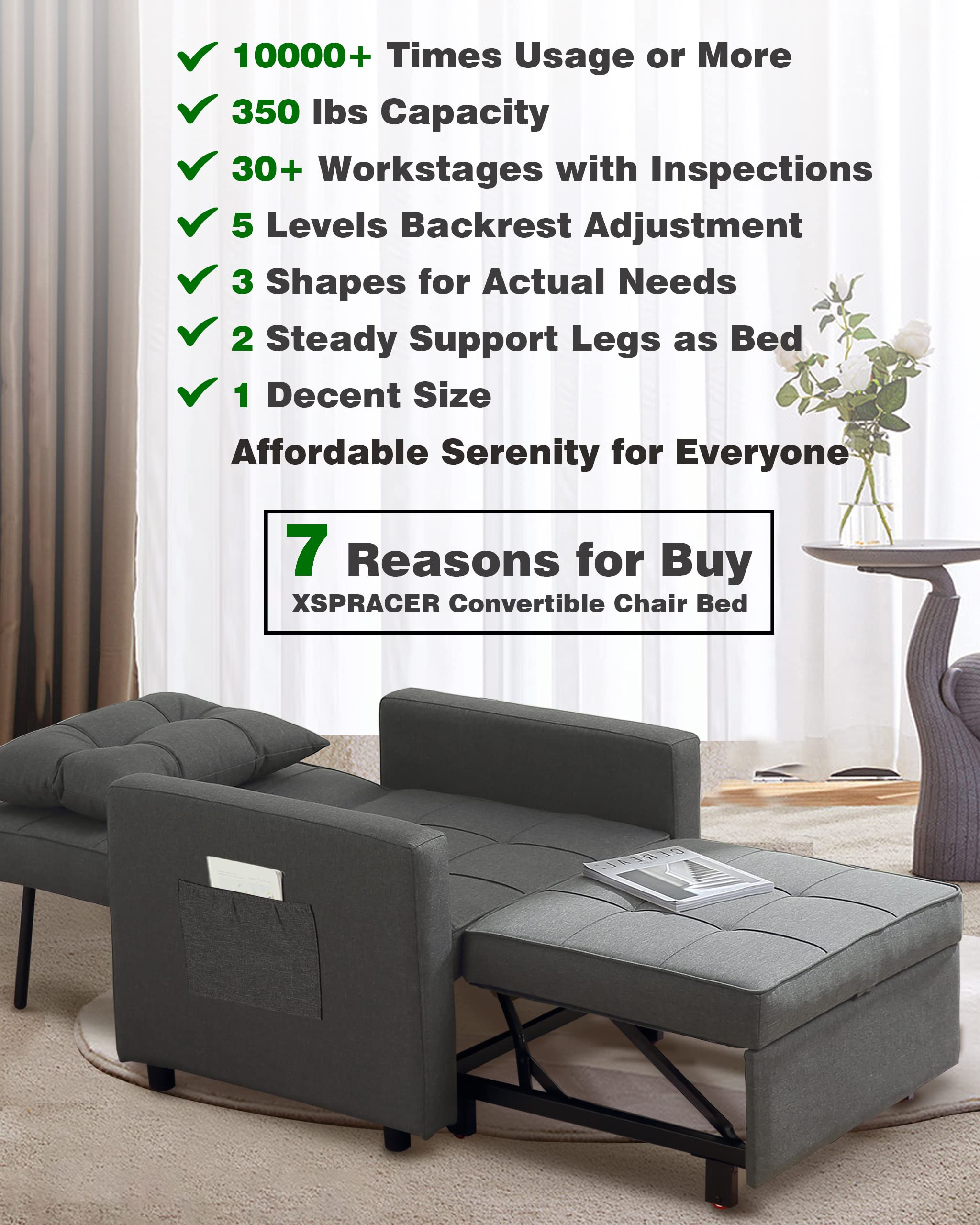 XSPRACER 3-in-1 Convertible Chair Bed - Adjustable Backrest Sleeper Sofa to Armchair & Bed, Dark Gray Linen Fabric for Living Room, Guest Room & Small Spaces