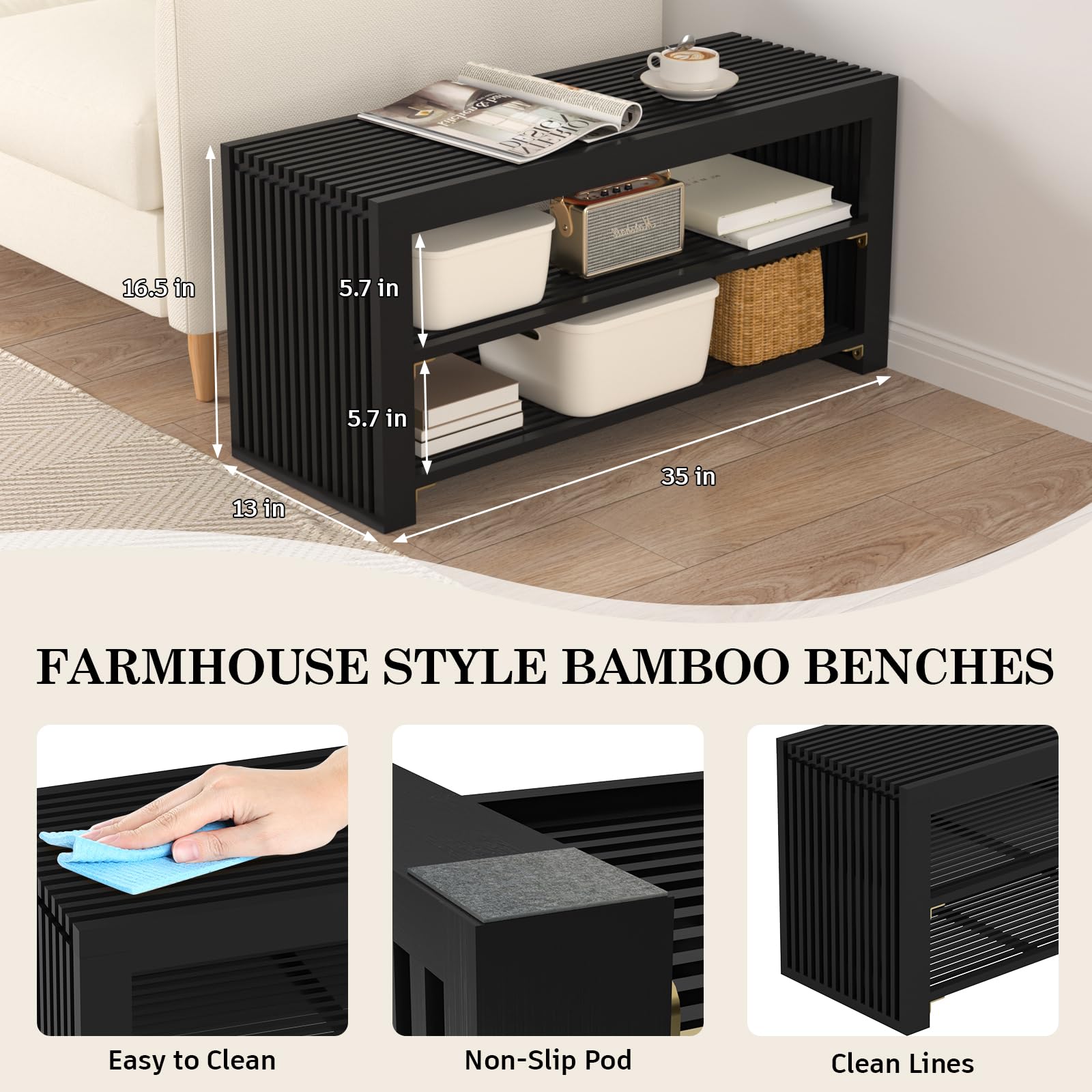 3-Tier Bamboo Shoe Rack Bench with Storage - Space Saving Entryway Organizer for Shoes, Boots & Accessories | Perfect for Front Door, Bathroom & Bedroom | Durable Black Long Shoe Bench for Home & Apartment Organization