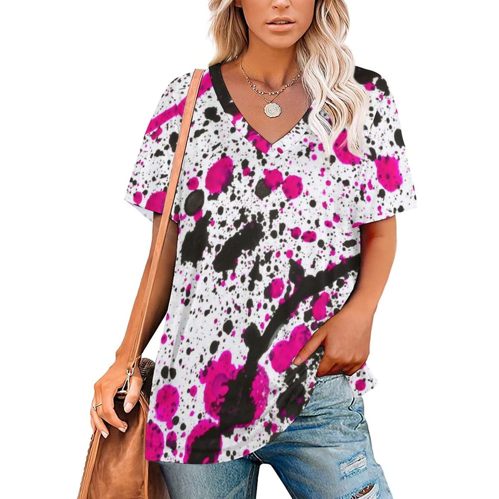 Glow in Dark Splatter Neon V Neck T-Shirt for Women - Casual Short Sleeve Blouse & Classic Top for Night Parties, Raves, and Festivals