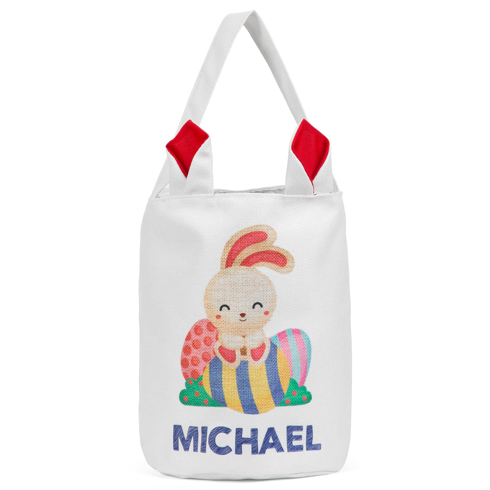 Personalized Easter Bunny Basket Bags with Custom Name - Cute Rabbit Print Candy Egg Buckets for Easter Gifts, Egg Hunts & Spring Decorations