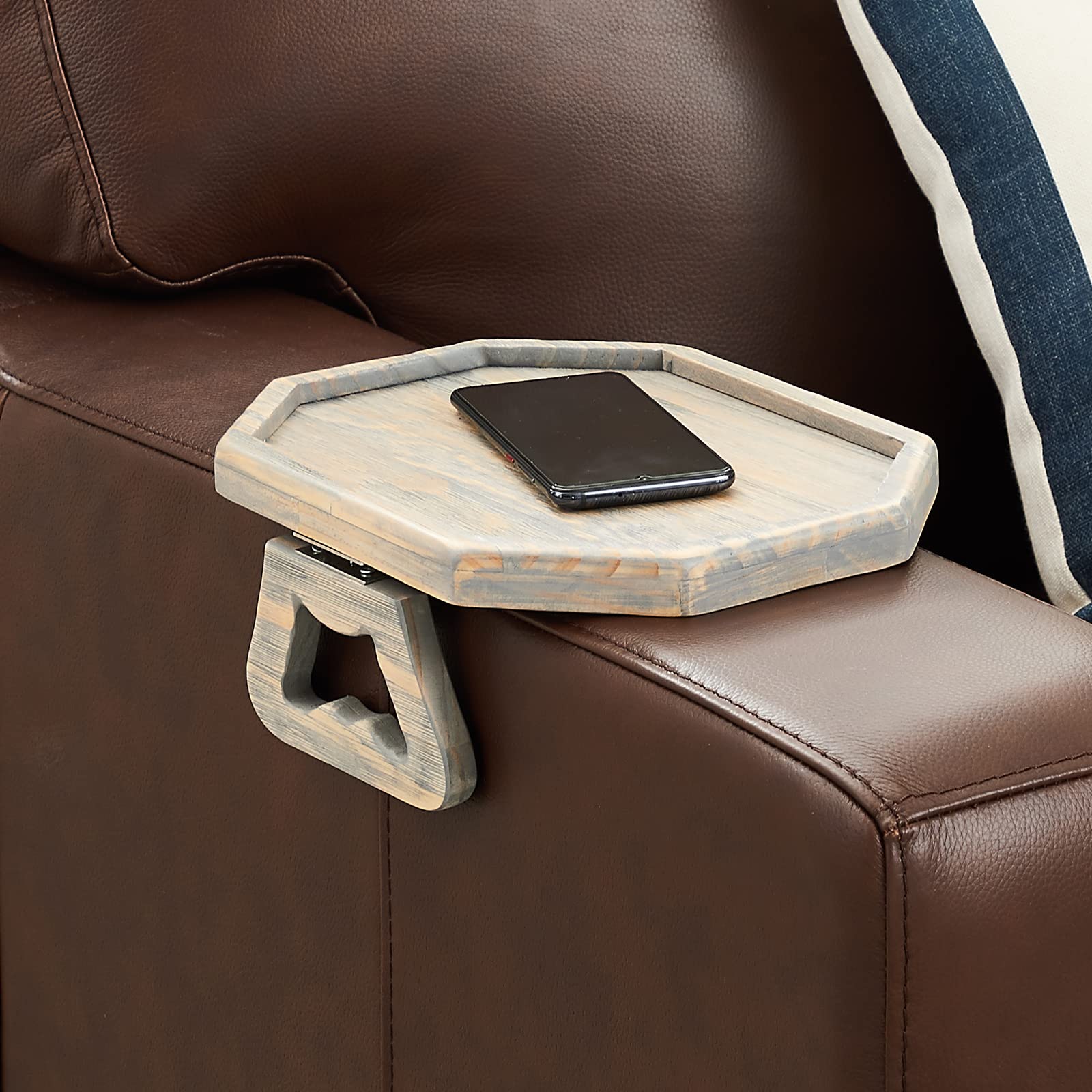 Wooden Sofa Armrest Tray - Clip-On Couch Arm Table for Remote, Phone, Drinks & Snacks - Rustic Ash Finish - Perfect for Living Room, Bedroom & Home Theater Use