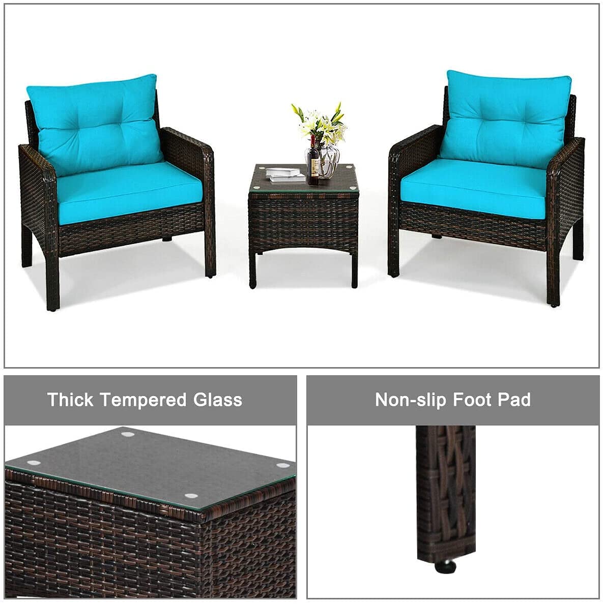 Rainfally 3-Piece All-Weather Wicker Patio Furniture Set with Cushions & Coffee Table - Outdoor Rattan Sofa Conversation Set for Garden, Lawn, Poolside, Backyard (Turquoise) - Perfect for Relaxing, Entertaining & Lounging in Your Outdoor Space