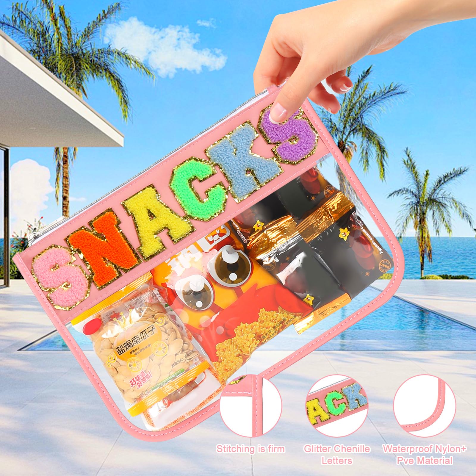 BCRMPT Chenille Letter Clear Flat Pouch - Multi-Purpose PVC & Nylon Cosmetic Bag with Zipper for Women | Waterproof Travel Makeup Organizer | Perfect for Gym, Beach, School & Daily Use (Pink Snacks)