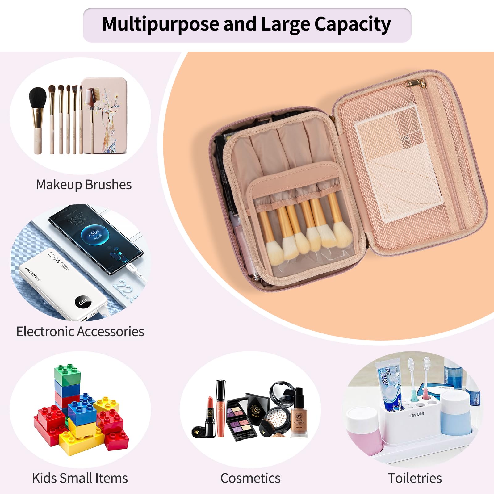 OCHEAL Cute Makeup Organizer Bag with Divider & Brush Compartments - Travel Cosmetic Case for Women & Girls | Perfect for Toiletries, Cosmetics & Accessories | Ideal for Travel, Gym & Daily Use (Nude Pink)