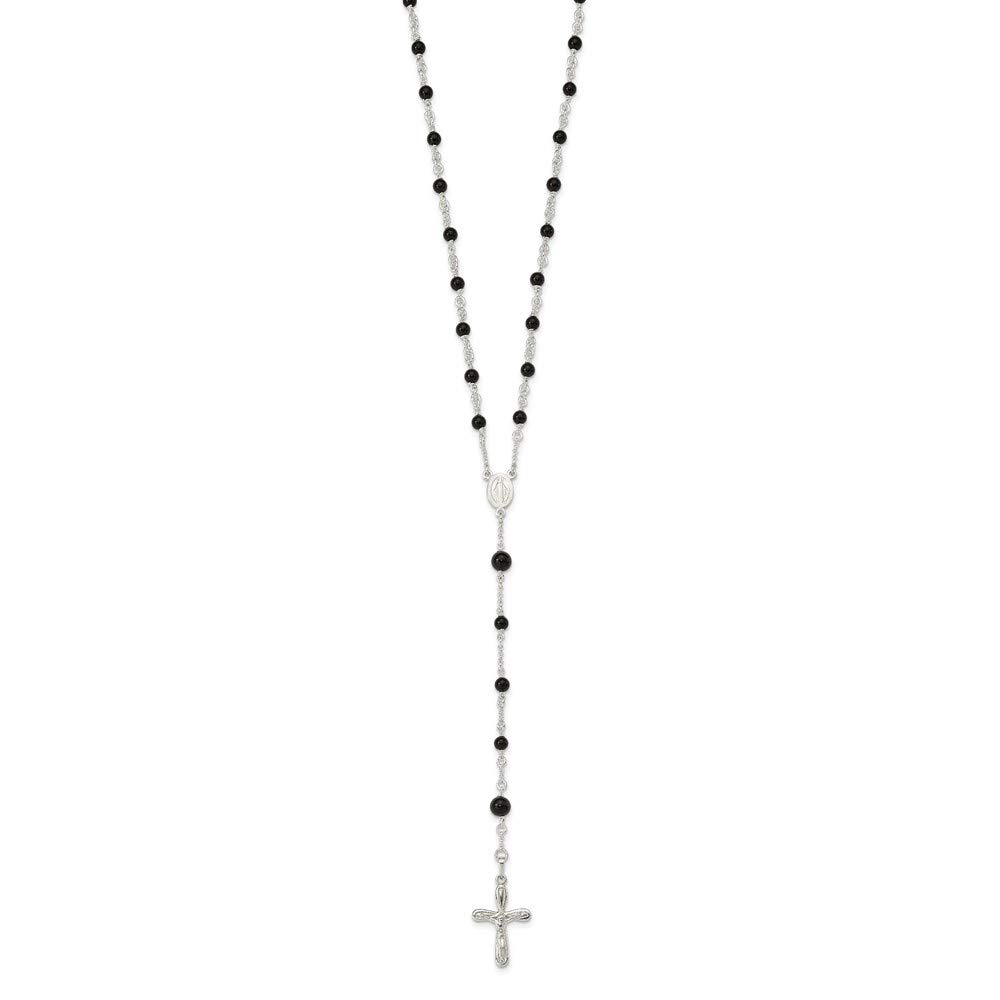 925 Sterling Silver Black Onyx Rosary Necklace for Women - Elegant Fine Jewelry Gift for Her, 33 Inch Chain - Perfect for Religious Occasions, Daily Wear & Special Gifts