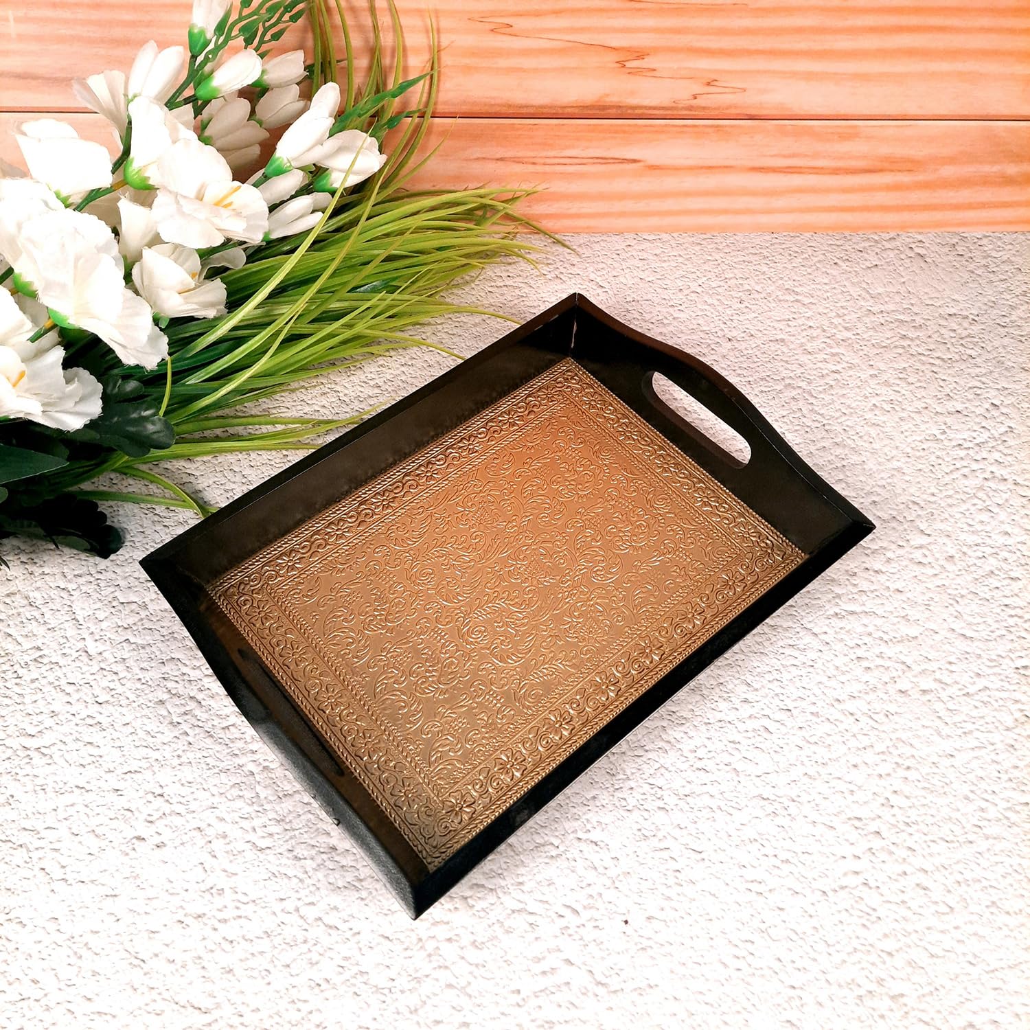 Apka Mart Wooden Brass Serving Tray - 14 Inch Decorative Tray for Tea, Coffee & Snacks | Multipurpose Home & Kitchen Organizer | Perfect for Dining Table, Coffee Table & Gift Giving
