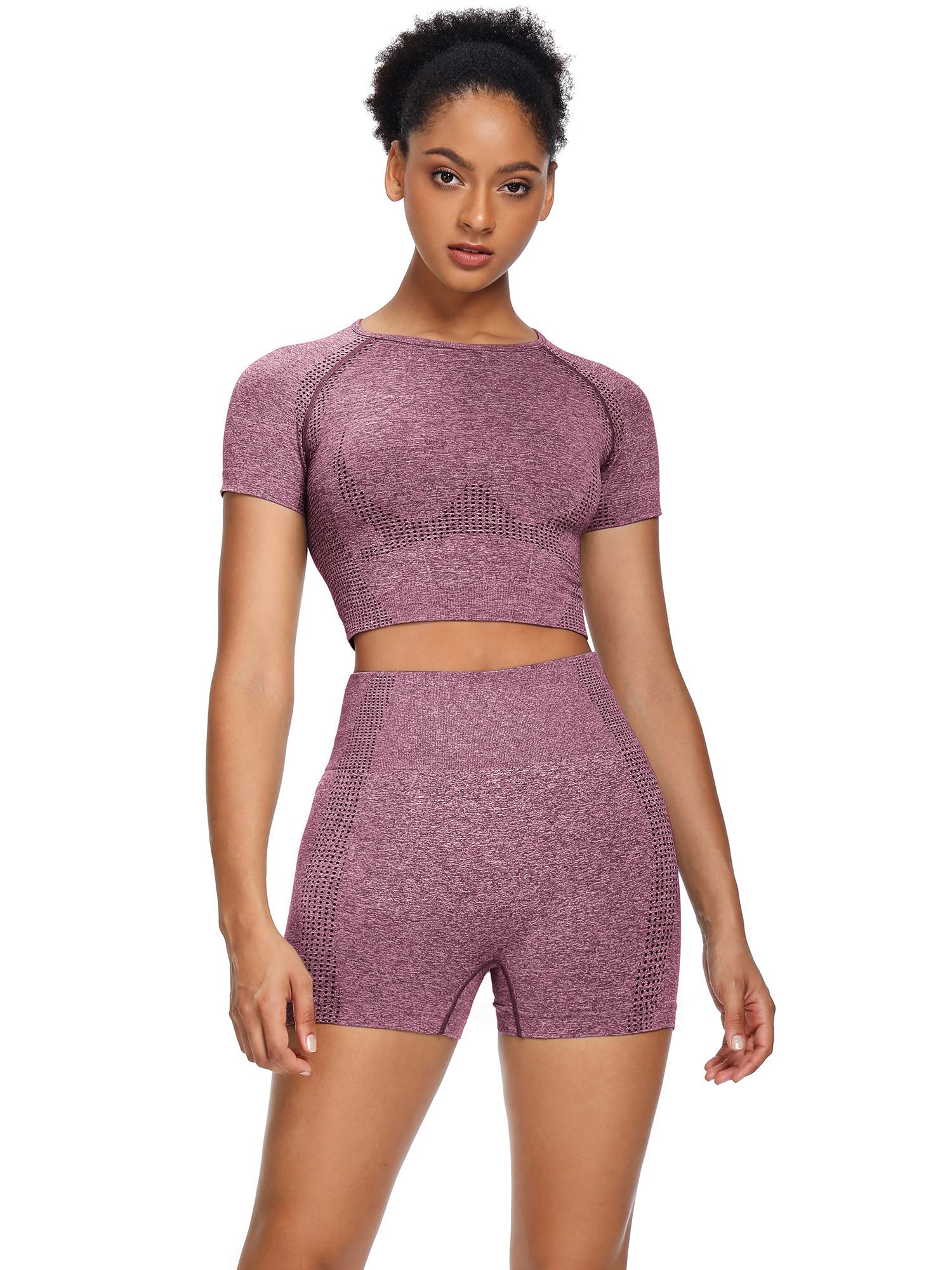 Sytiz Women's Seamless Yoga Outfits 2-Piece Set - Workout Gym Shorts & Short Sleeve Crop Top - Comfortable Activewear for Yoga, Gym, Running & Lounge Wear