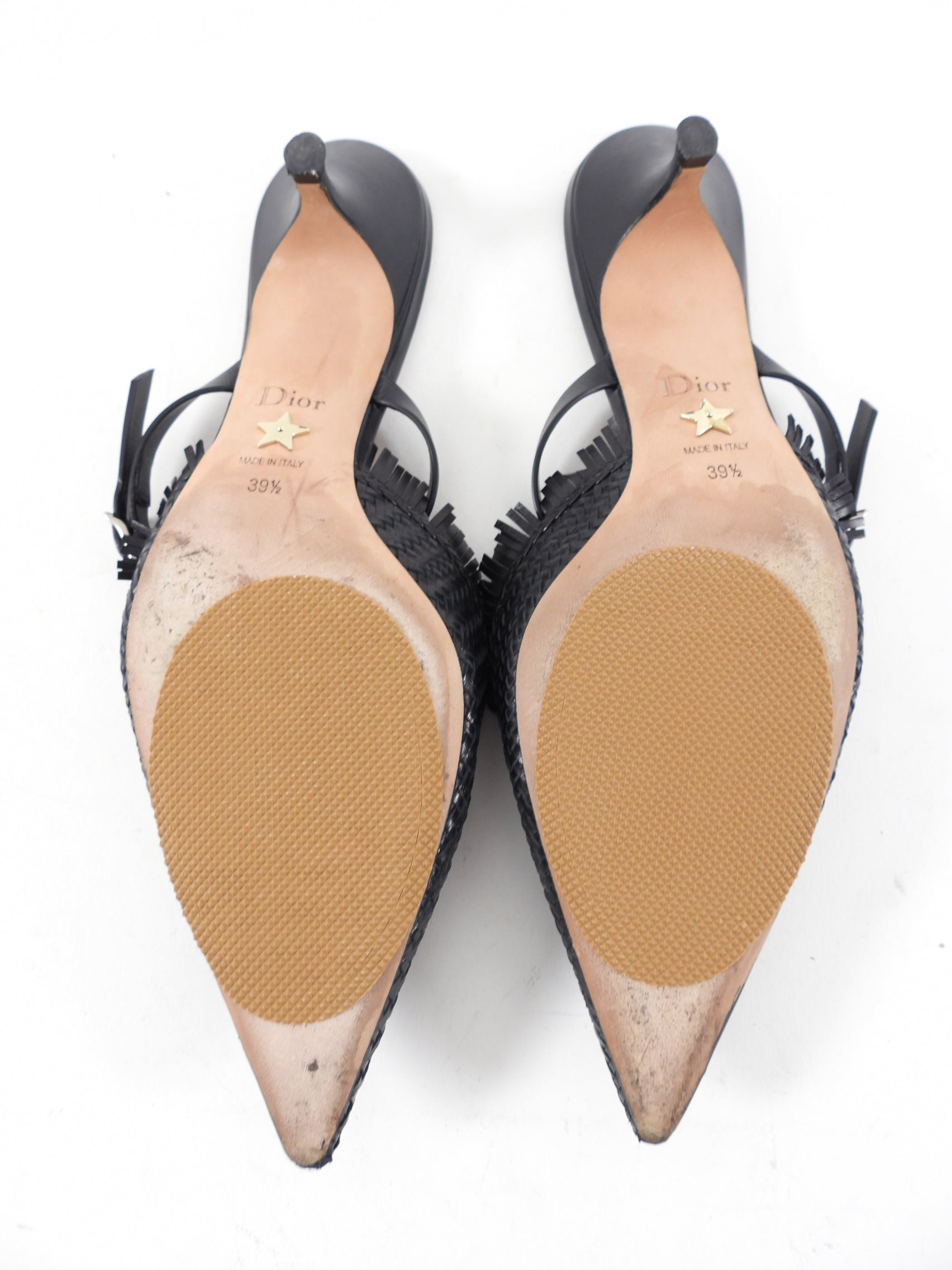 Christian Dior Black Leather Pointed Woven Mules Women's Luxury Slip-On Shoes Size 8.5 - Perfect for Evening Parties & Formal Occasions