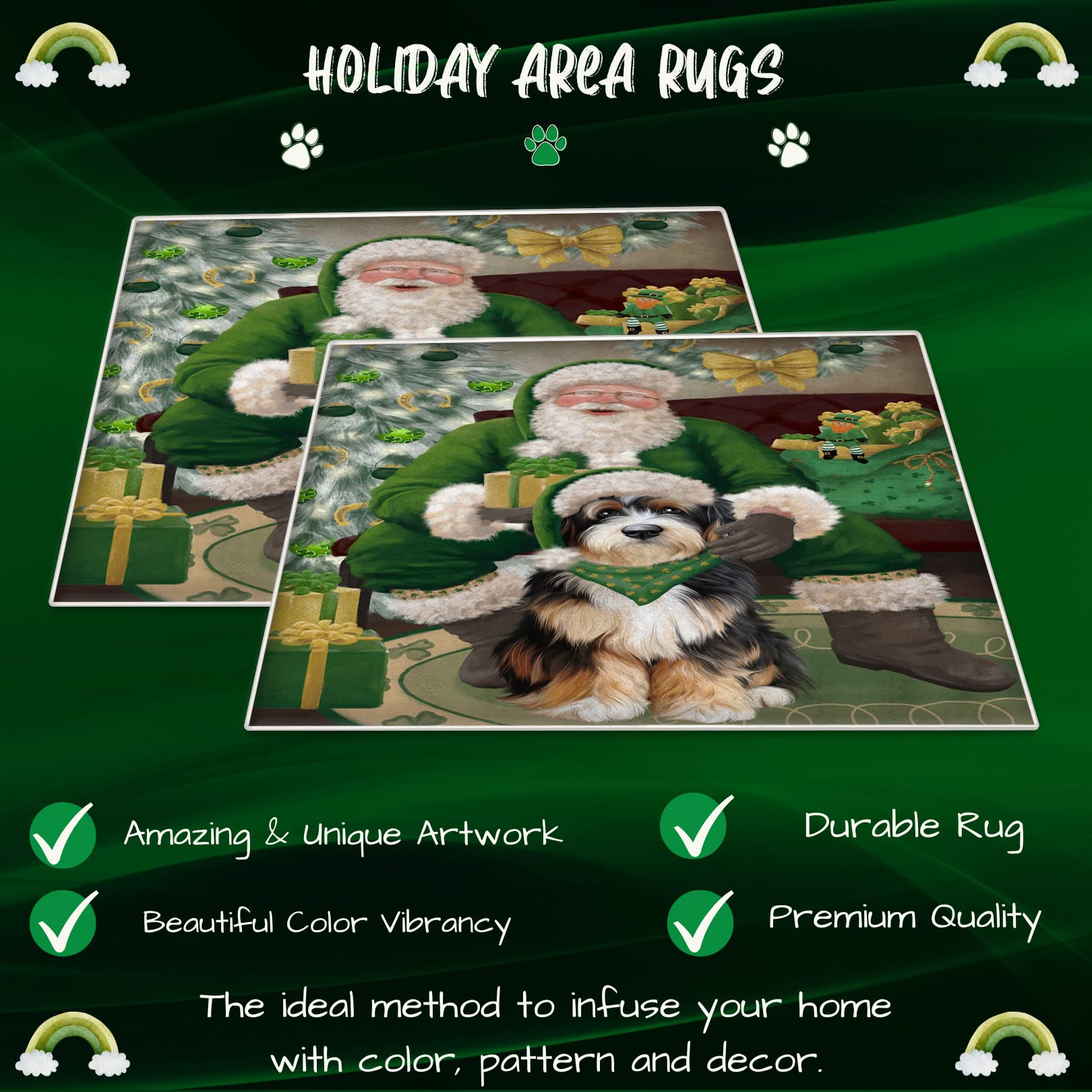 Christmas Irish Santa with Gift and Bernedoodle Dog Area Rug - Ultra Soft Cute Pet Printed Floor Carpet - Unique Style Decorative Rug for Dog Lovers - Perfect for Living Room, Bedroom, or Pet Play Area - 10'x3'3'' Indoor Gift