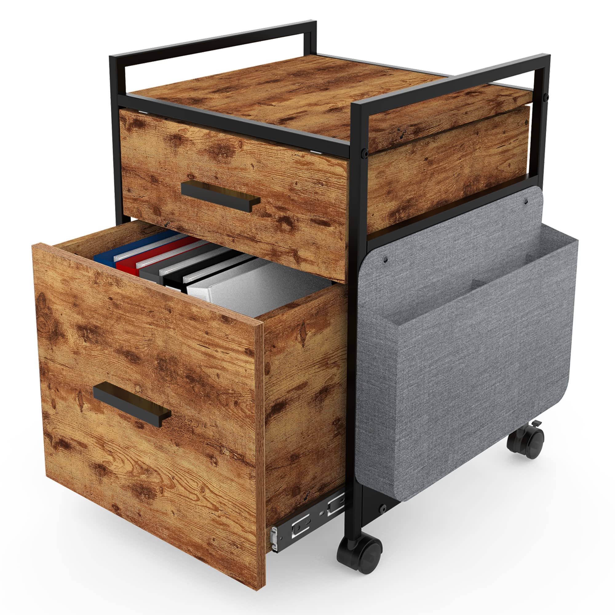 EUREKA ERGONOMIC 2-Drawer Rolling File Cabinet with Storage Bag - Wooden Rustic Brown Home Office Organizer for Under Desk Storage, Printer Stand & Document Filing