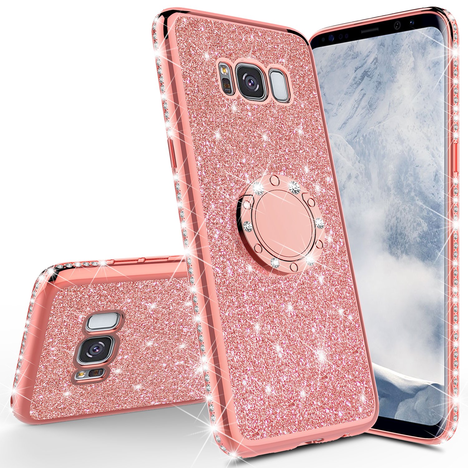 Sparkly Rhinestone Bling Phone Case with Kickstand & Ring Holder - Compatible with Samsung Galaxy S8 | Stylish Diamond Glitter Protective Cover for Women & Girls (Rose Gold) | Perfect for Parties, Dates & Everyday Glam