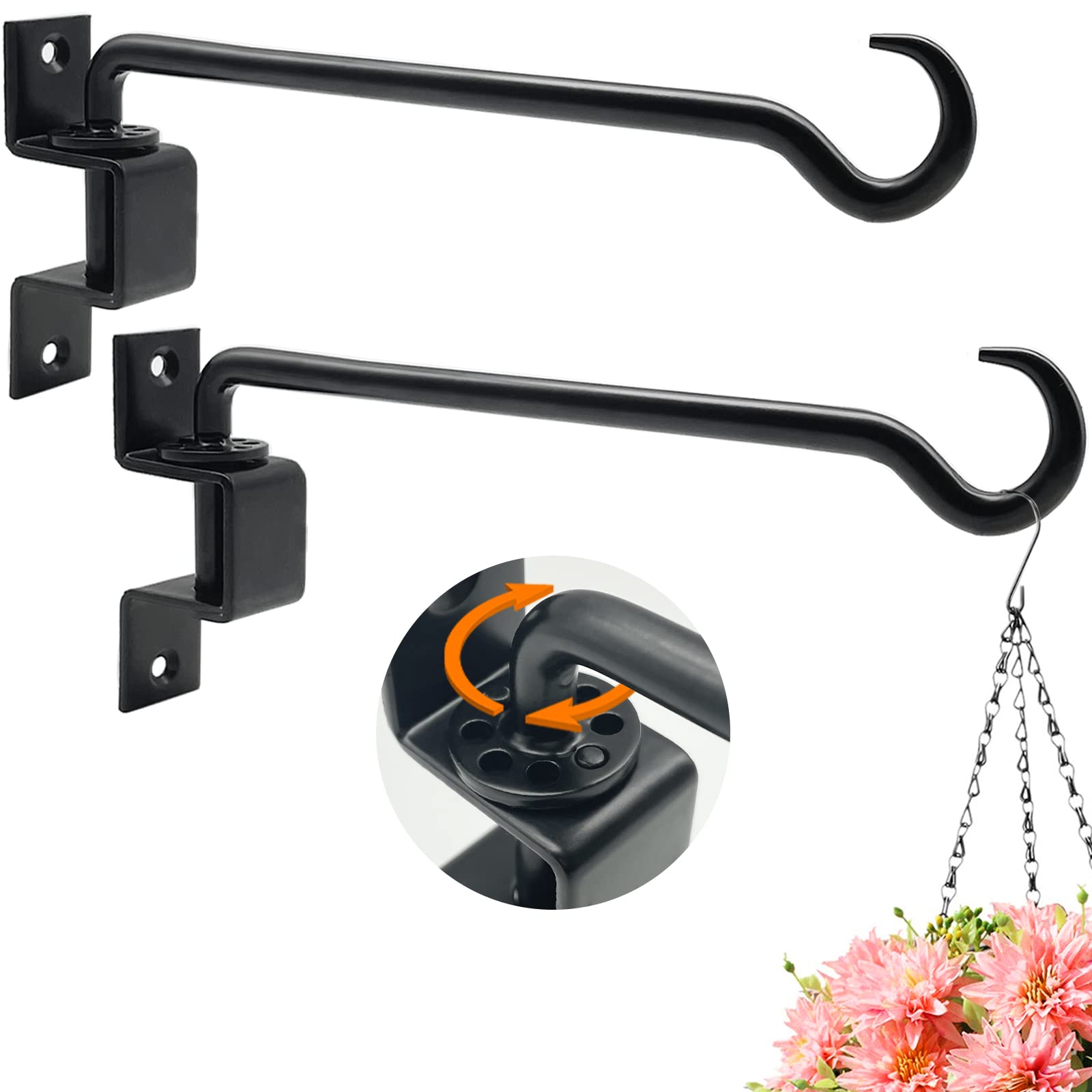 16 Inch Heavy Duty Black Iron Swivel Plant Hangers (2 Pack) - Outdoor Hanging Hook Bracket for Flower Pots, Baskets, Bird Feeders, Lanterns & Wind Chimes - Perfect for Patio, Garden, Porch & Balcony Decor