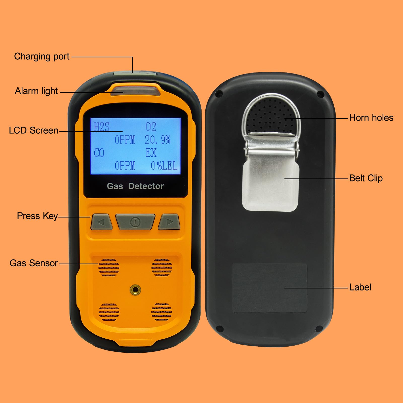 Upgraded 4 Gas Detector for H2S CO O2 - Rechargeable LCD Monitor for Industrial Safety