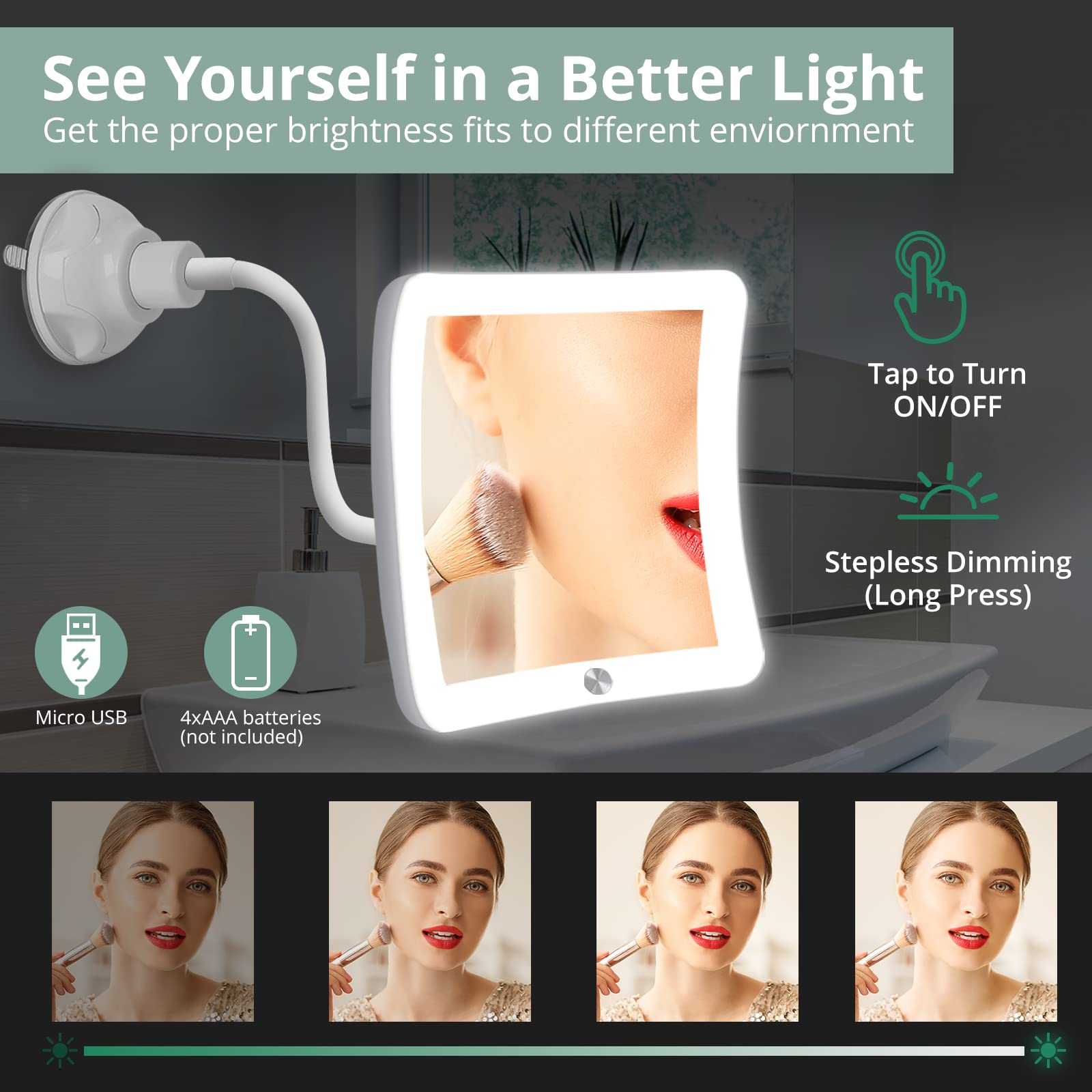 Fabuday 20X Magnifying Makeup Mirror with LED Lights - Flexible Gooseneck, Suction Cup & Portable Design for Bathroom, Vanity & Travel | Square Lighted Mirror for Precision Makeup, Skincare & Grooming