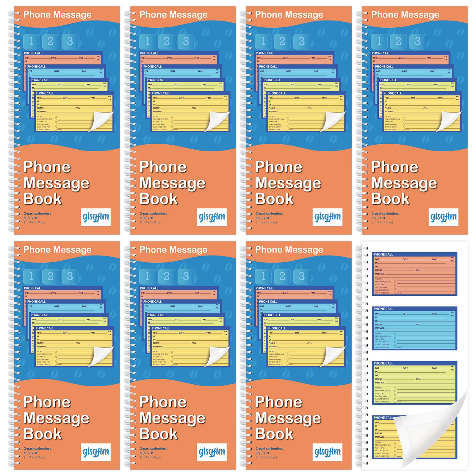 GISGFIM Spiral Bound Phone Message Book - 5.25x11 Inch Carbonless Duplicate Call Log Pad - Voicemail & While You Were Out Message Forms - 4 Messages Per Page for Office, Reception, Home & Customer Service Use
