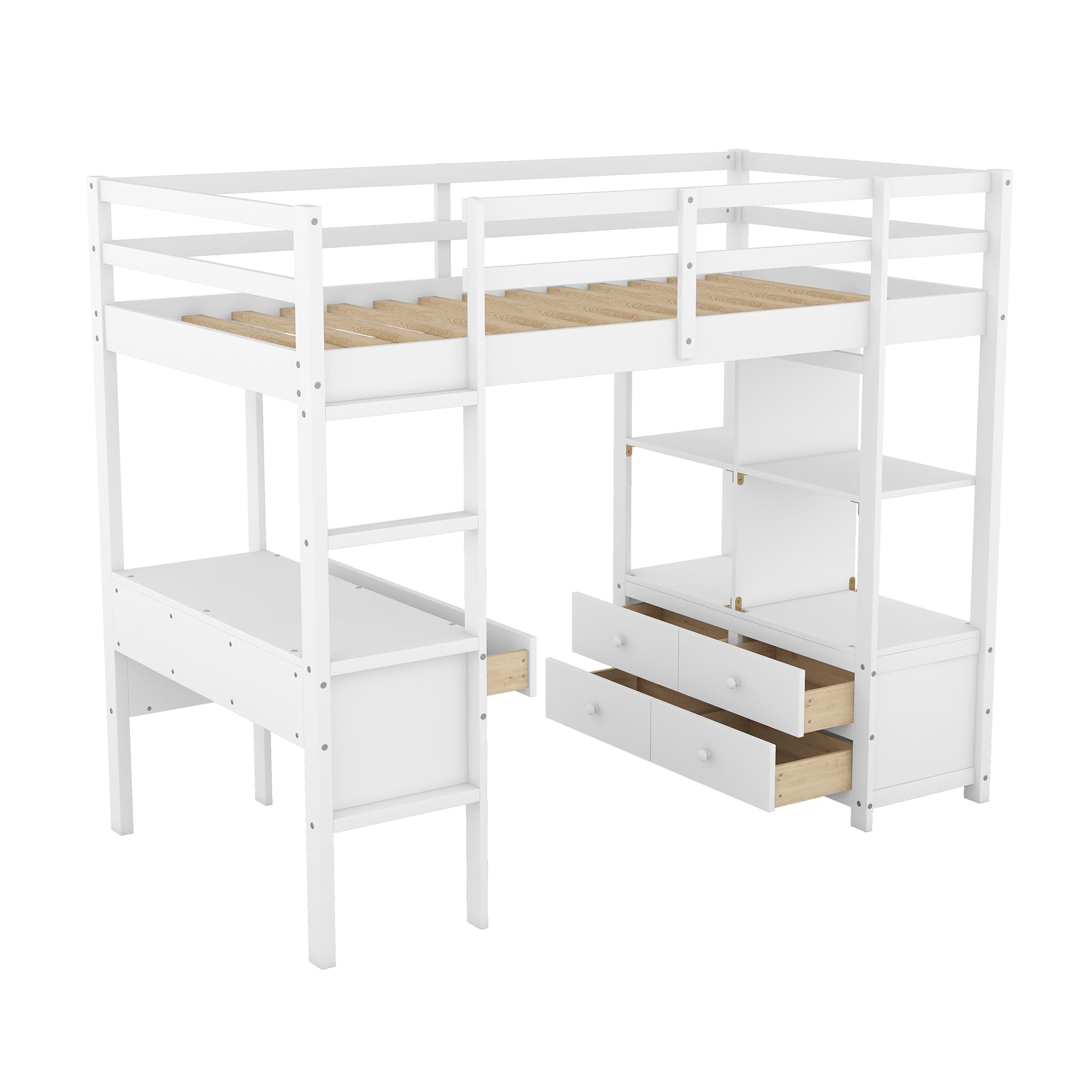 Harper & Bright Designs Solid Wood Twin Size Loft Bed with Desk, Bookshelf & Storage Drawers - Space-Saving Study & Sleep Solution for Kids, Teens & Adults - Perfect for Small Bedrooms, Dorms & Apartments (White)
