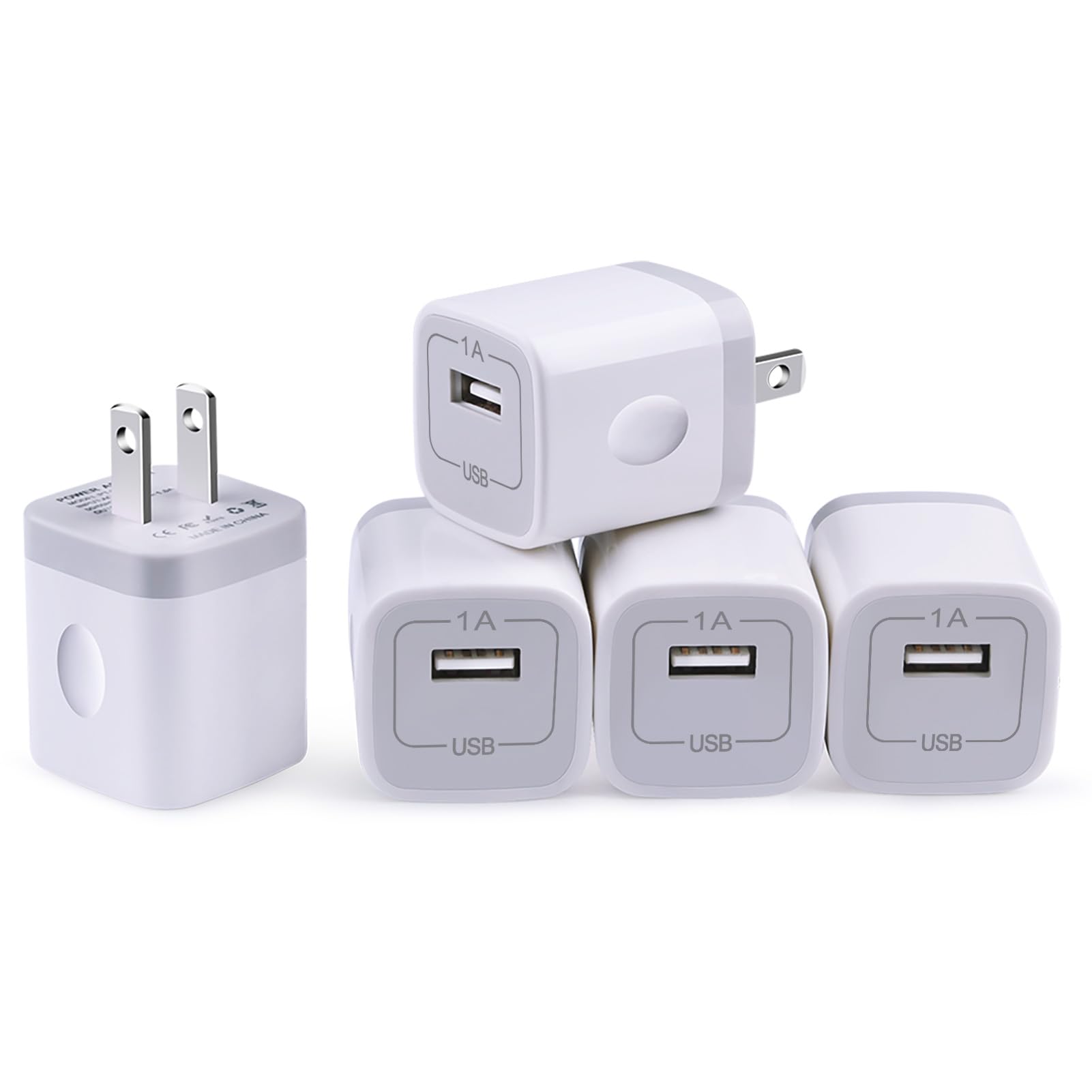 5-Pack USB Wall Charger - 1A/5V Single Port Fast Charging Cube for iPhone 15/14/13/12/11/Pro/Max/SE/X/8/7/6, iPad, Samsung, LG, Kindle & Android Devices | Compact Travel Charger for Home, Office & Car Use