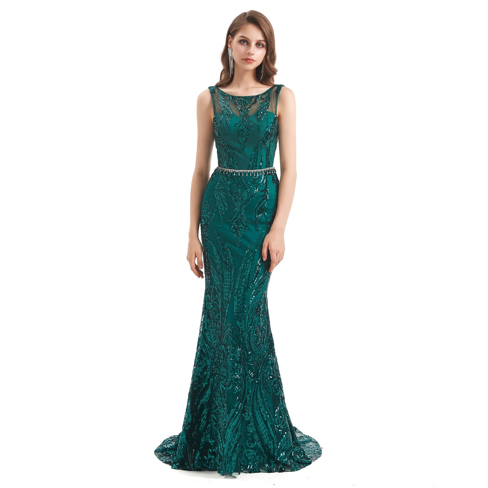 Elegant Green Sequin Mermaid Evening Dress for Women - Formal Party Prom Gown with Round Neckline | Perfect for Prom, Evening Galas, and Special Occasions