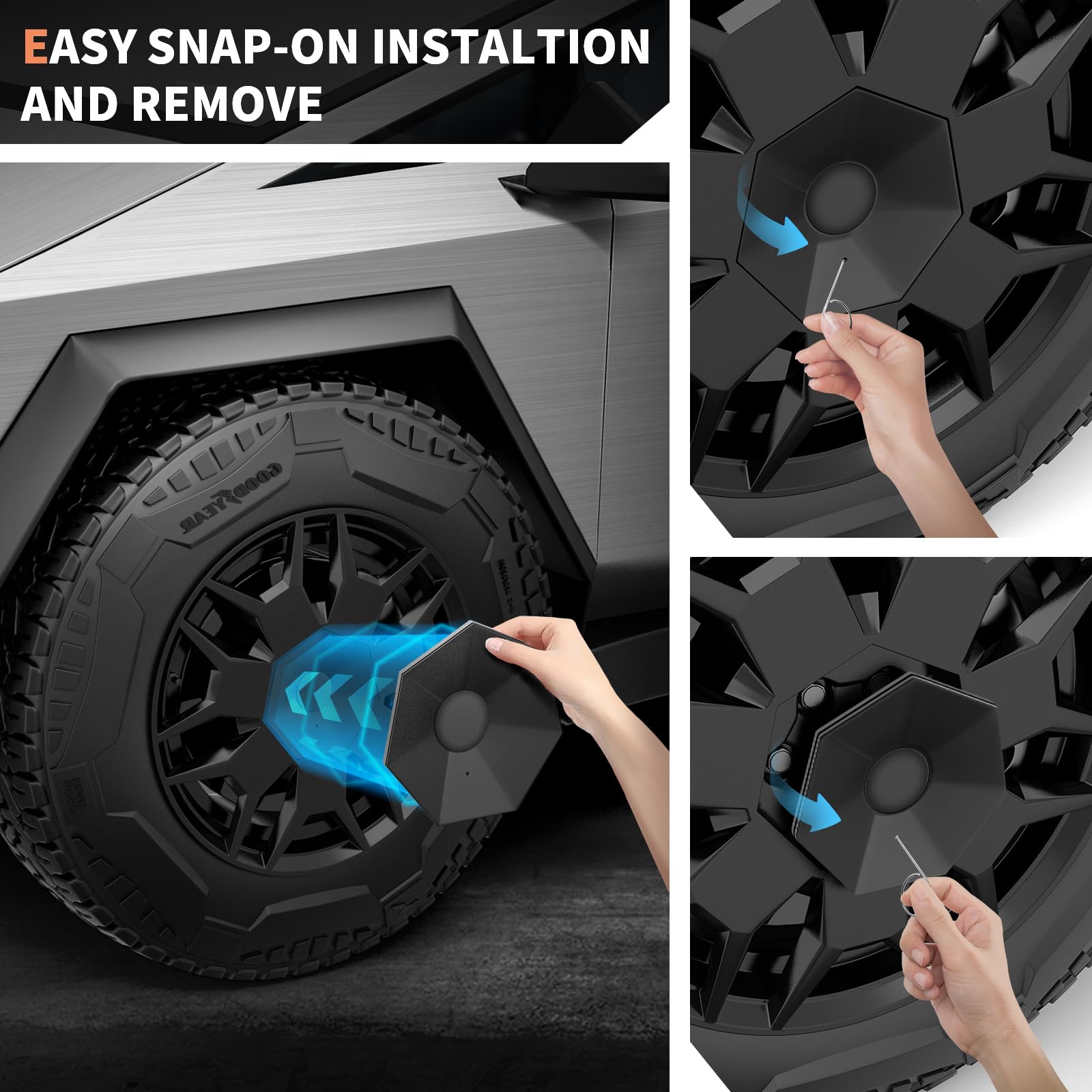 2024 2023 Tesla Cybertruck Wheel Center Caps - 4PC Custom Cyber Truck Accessories | Full Coverage, Rust & Dust Resistant Hub Caps | Easy Installation for Enhanced Style & Protection | Perfect for Off-Roading & Urban Driving