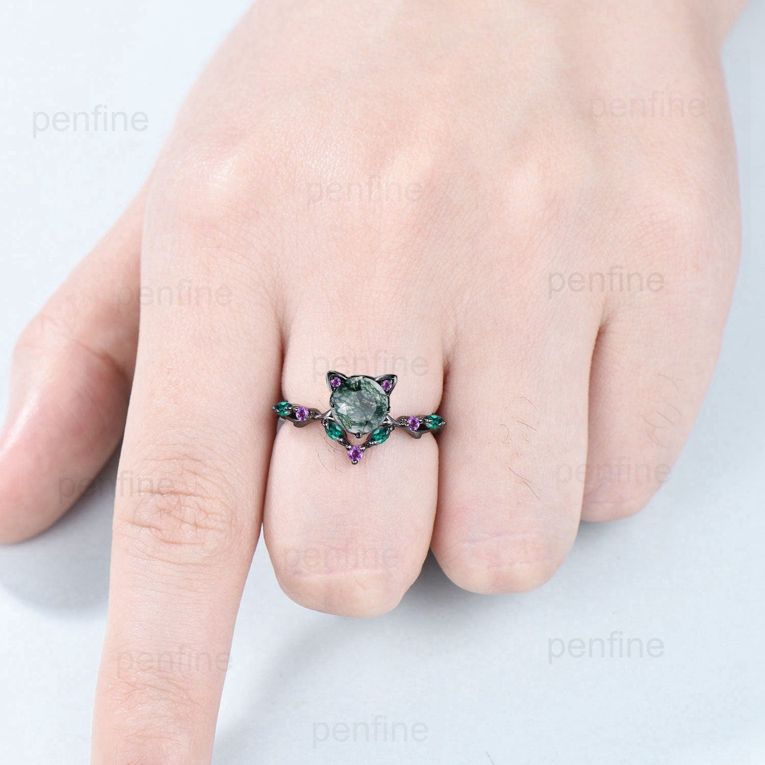 5mm Round Green Moss Agate Vintage Engagement Ring - Black Gold Marquise Emerald Amethyst Wedding Band for Women | Perfect for Nature-Inspired Bridal Jewelry, Boho Wedding & Anniversary Gifts