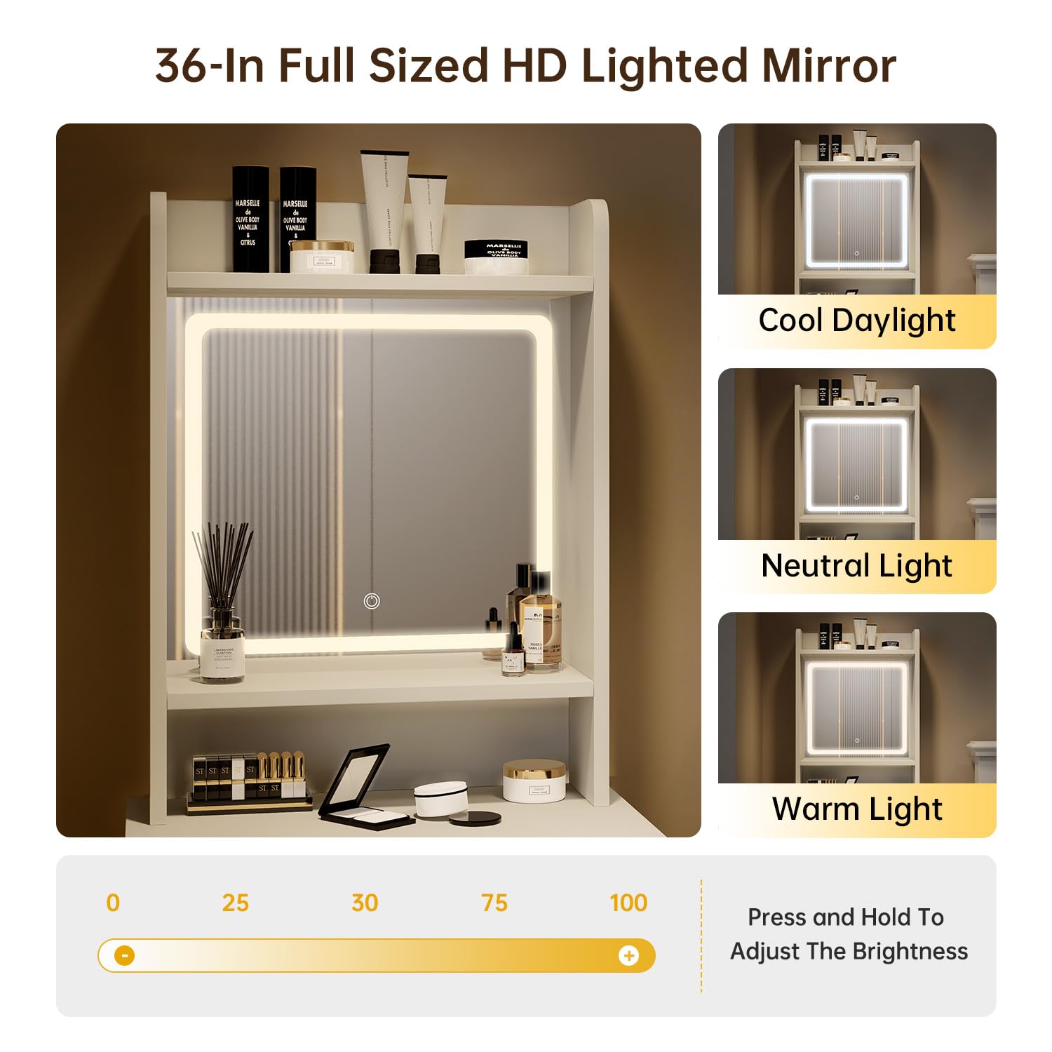 Small White Vanity Desk with 3 Adjustable LED Lighted Mirror & Power Outlet - Compact Makeup Dressing Table with Storage Side Bag for Bedroom - Perfect Mini Vanity Set for Small Spaces, Apartments & Dorm Rooms