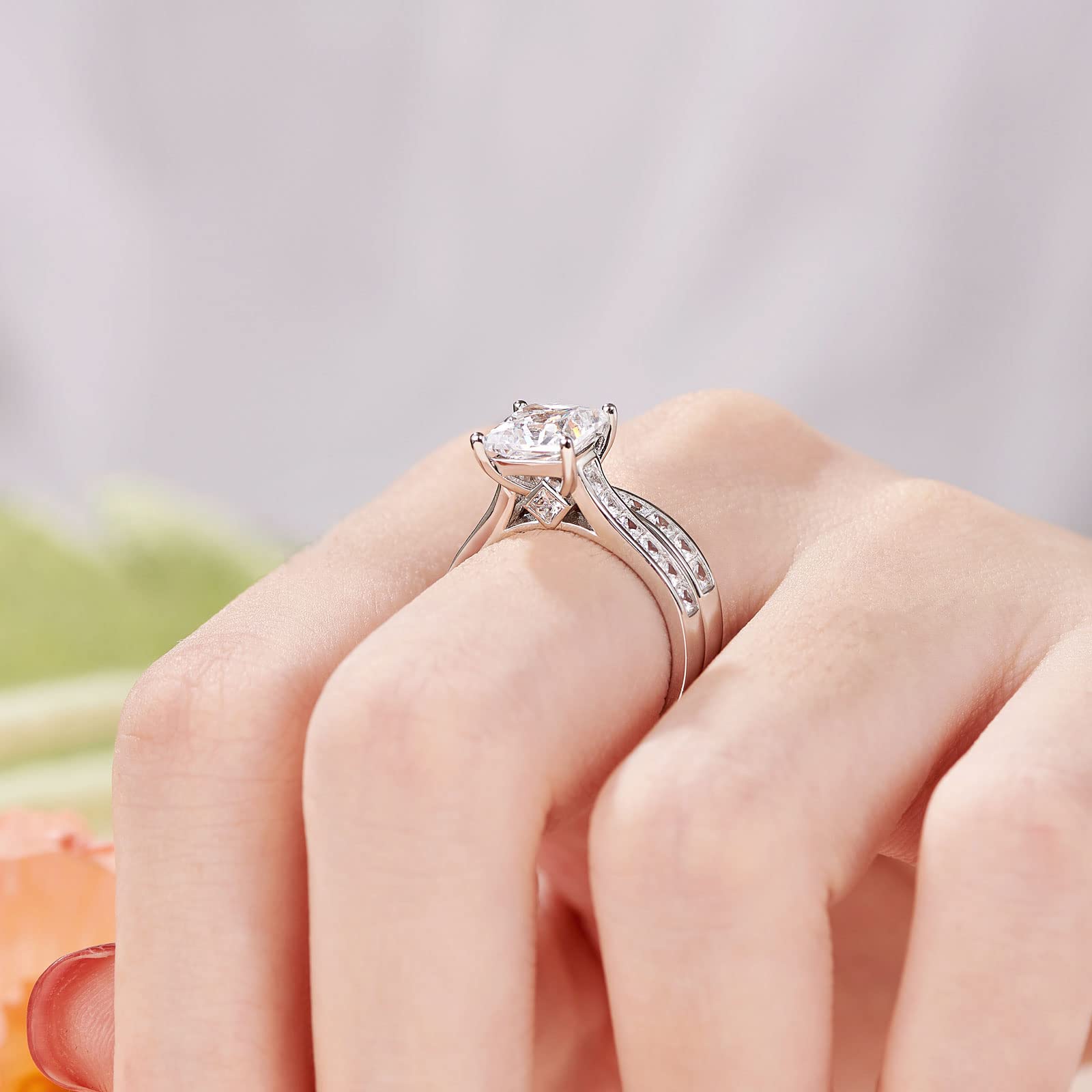 SHELOVES Princess Cut Cubic Zirconia Wedding Ring Set - Sterling Silver Engagement & Bridal Rings for Women (Size 4.5-13) - Perfect for Proposals, Anniversaries & Romantic Occasions