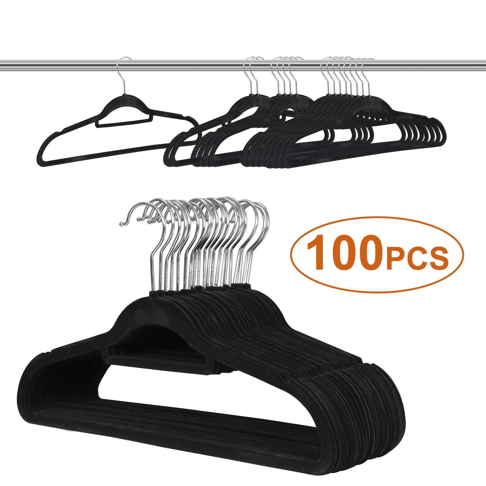 360 Degree Non-Slip Velvet Clothes Hangers - Black (100 Pack) - Heavy Duty Suit/Shirt/Pants Hangers for Closet Organization - Perfect for Wardrobe Storage, Retail Display & Home Clothes Rack